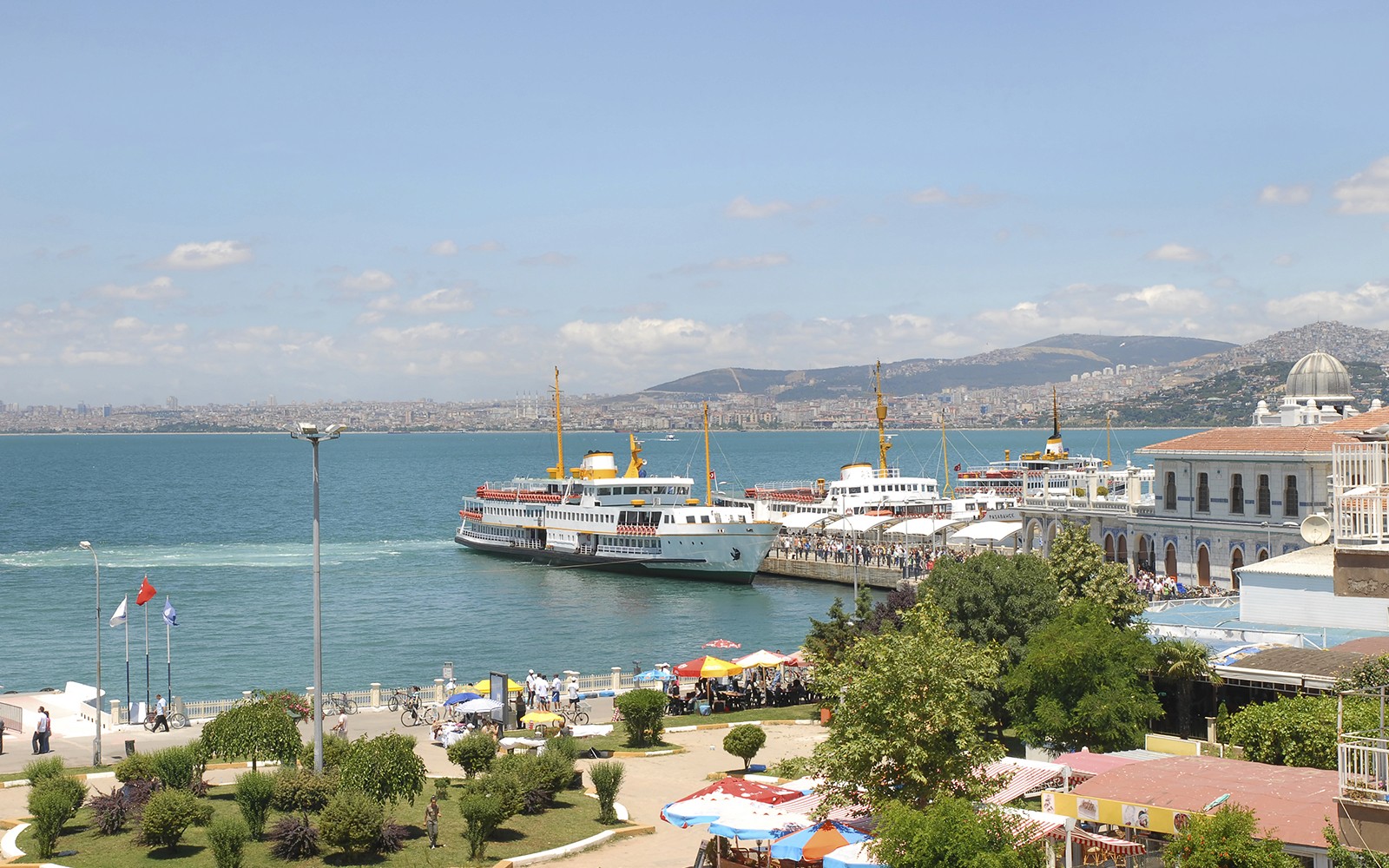 Ferry docked at Princes Island with cityscape in the background, Istanbul.