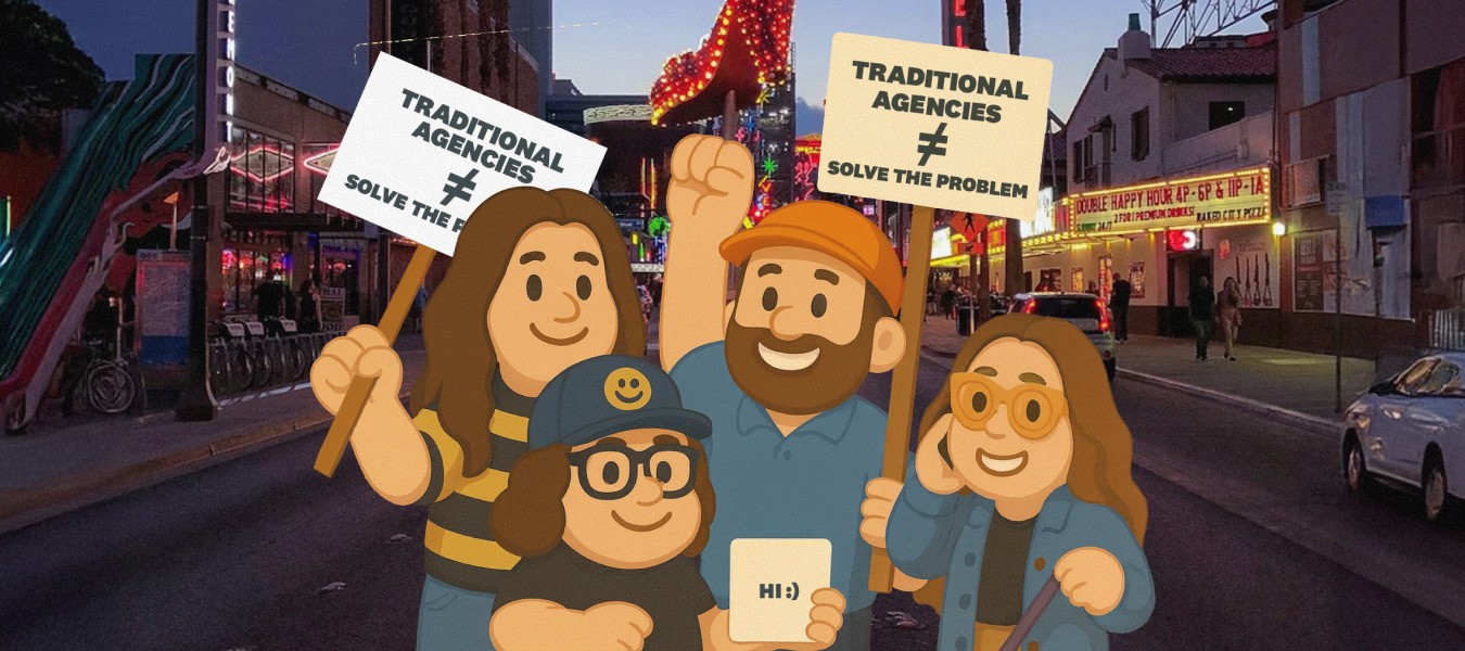 Cartoon characters holding protest signs that read “Traditional Agencies ≠ Solve the Problem,” representing how fragmented Amazon agencies fail small CPG brands.