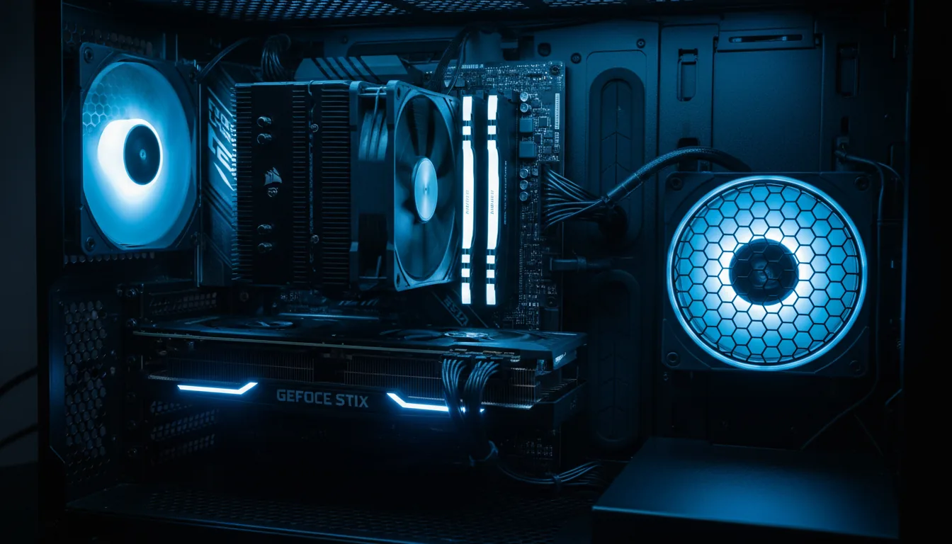 DSLR photograph of the inside of a custom-built AutoCAD PC workstation. Moody, monochromatic blue LED lighting illuminates the interior, creating cinematic contrast. In sharp focus are a large black air CPU cooler, two sticks of Corsair RAM, an ASUS GPU, and a rear case fan with a honeycomb grill. Meticulously routed black braided cables and a small, bright LED lens flare on the motherboard complete the technical aesthetic.