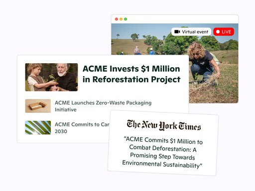 Screenshots of a press release, a news clipping and a virtual event hosted in an online newsroom