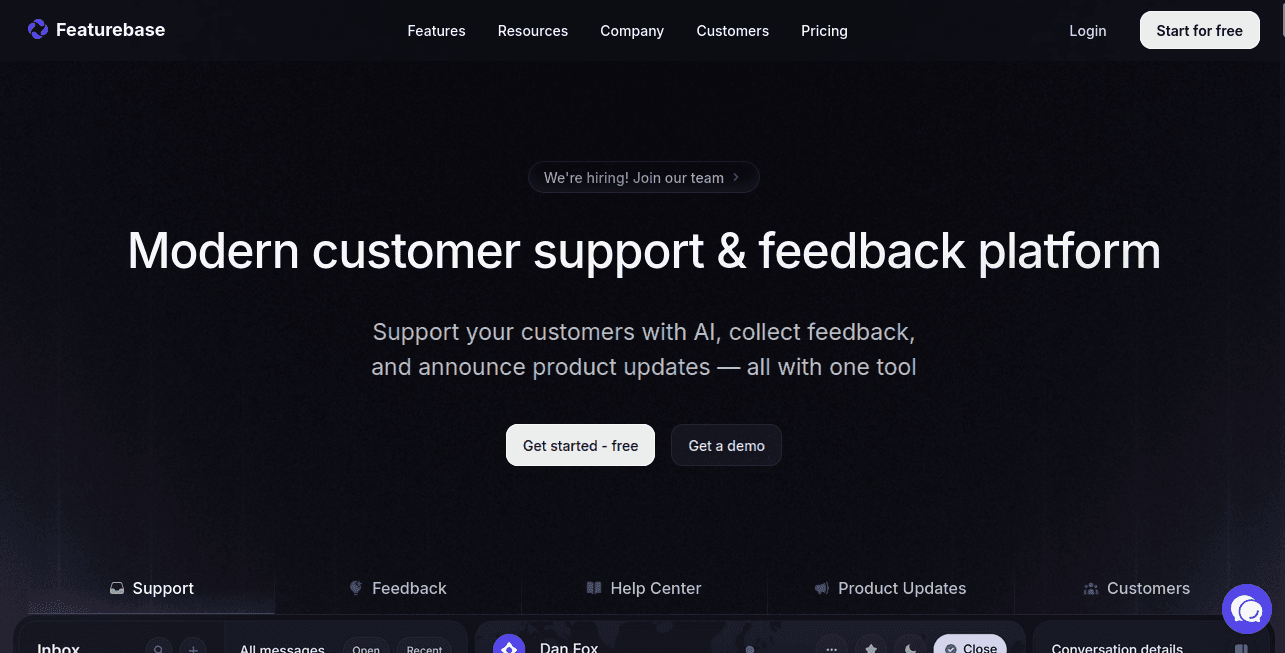 Featurebase homepage with customer support & feedback hero