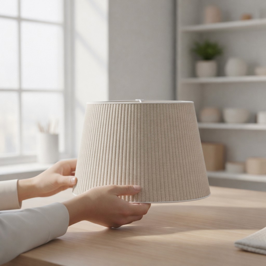 A person holding a tapered, ribbed lampshade to inspect its fine-lined texture in a sunlit room.