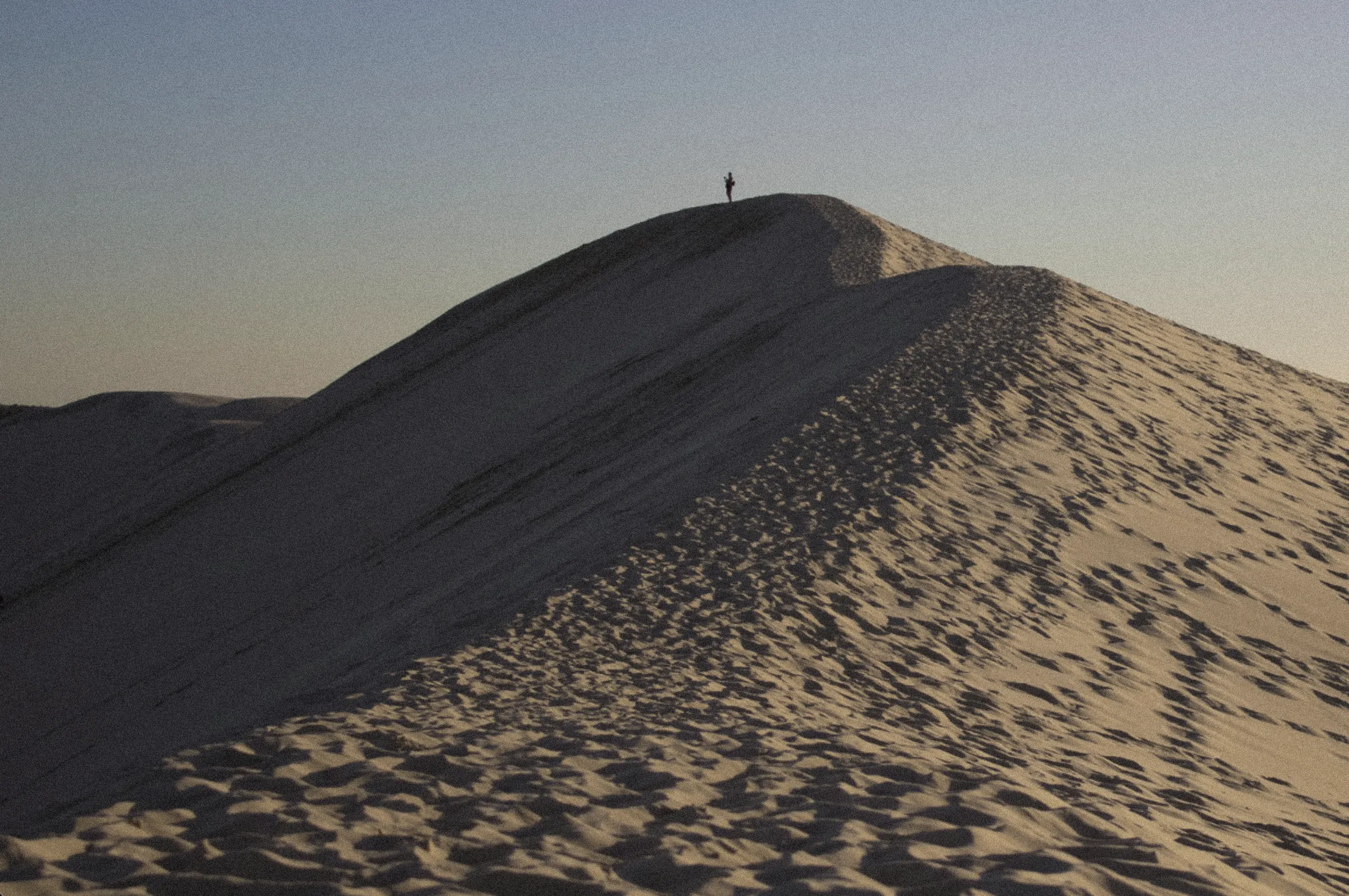 A lone figure stands atop a vast sand dune at sunset, with soft golden light casting long shadows across the textured surface of the desert.