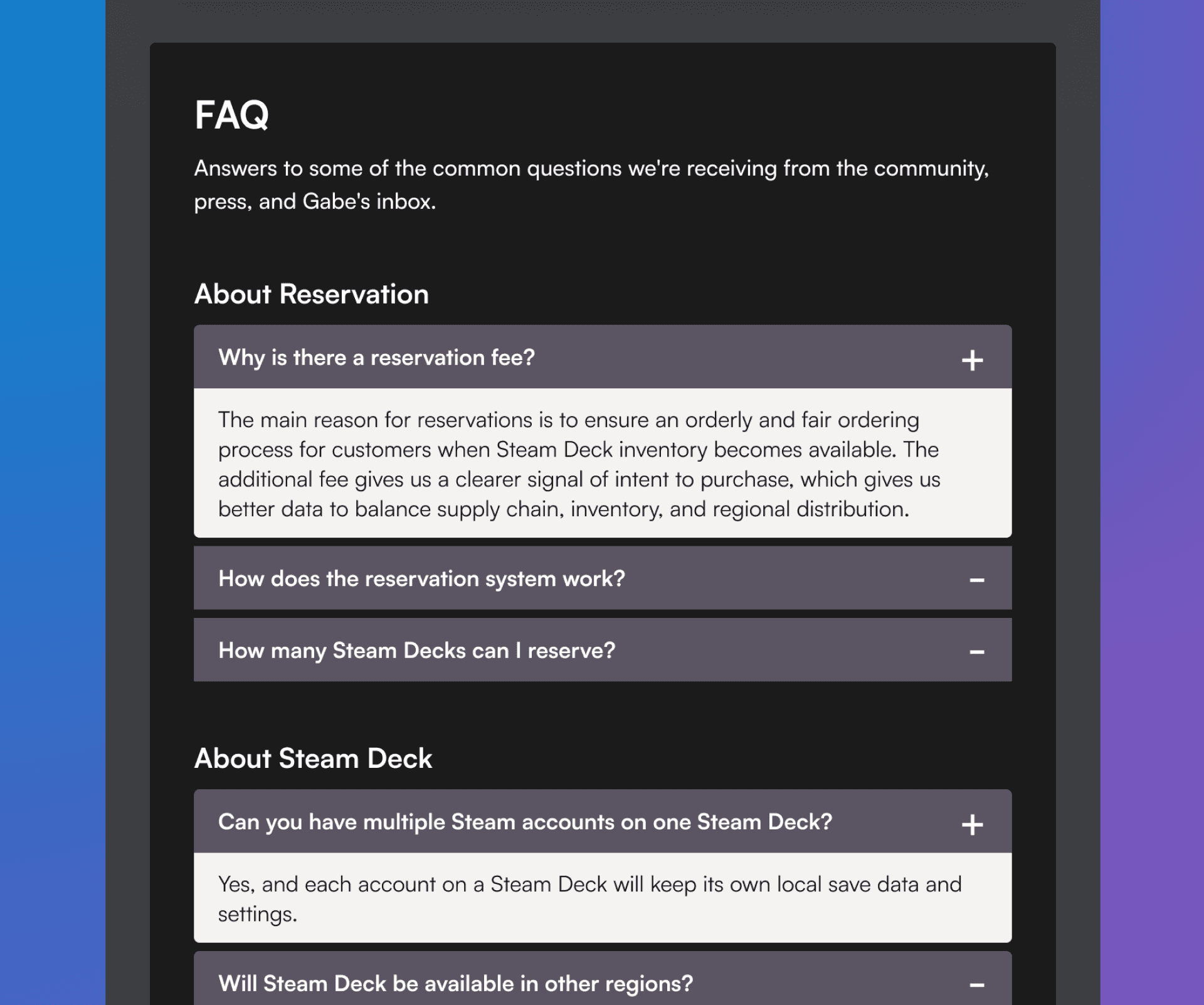 Uma página de FAQ digital apresenta informações relacionadas ao uso do Steam Deck, com seções como "Sobre a Reserva" e "Sobre o Steam Deck", utilizando cartões expansíveis para perguntas e respostas em um tema escuro, exibindo um conceito de design para melhorar a interação do usuário.