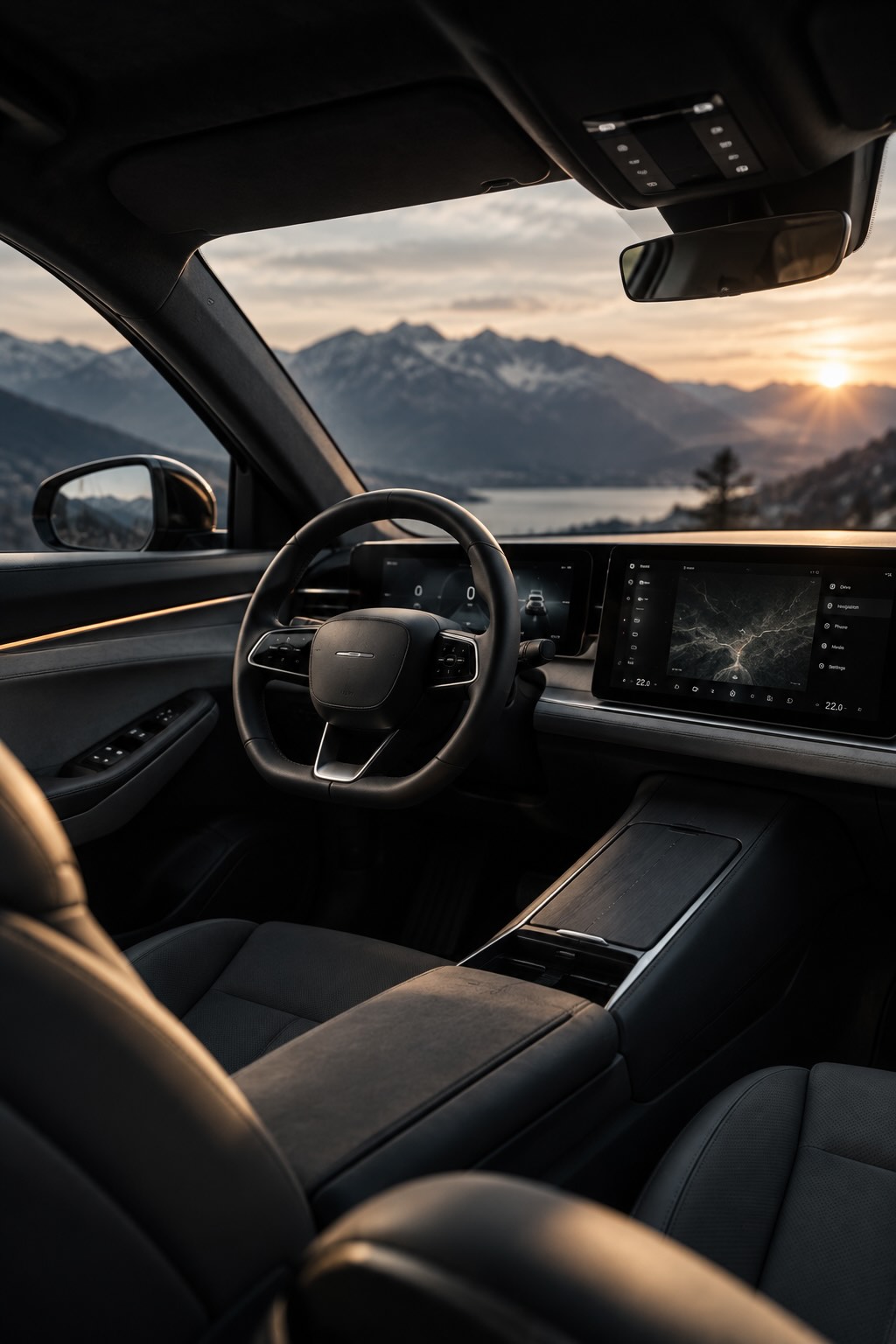 Sedan interior with steering wheel and central touchscreen, sunset over mountains through the windshield