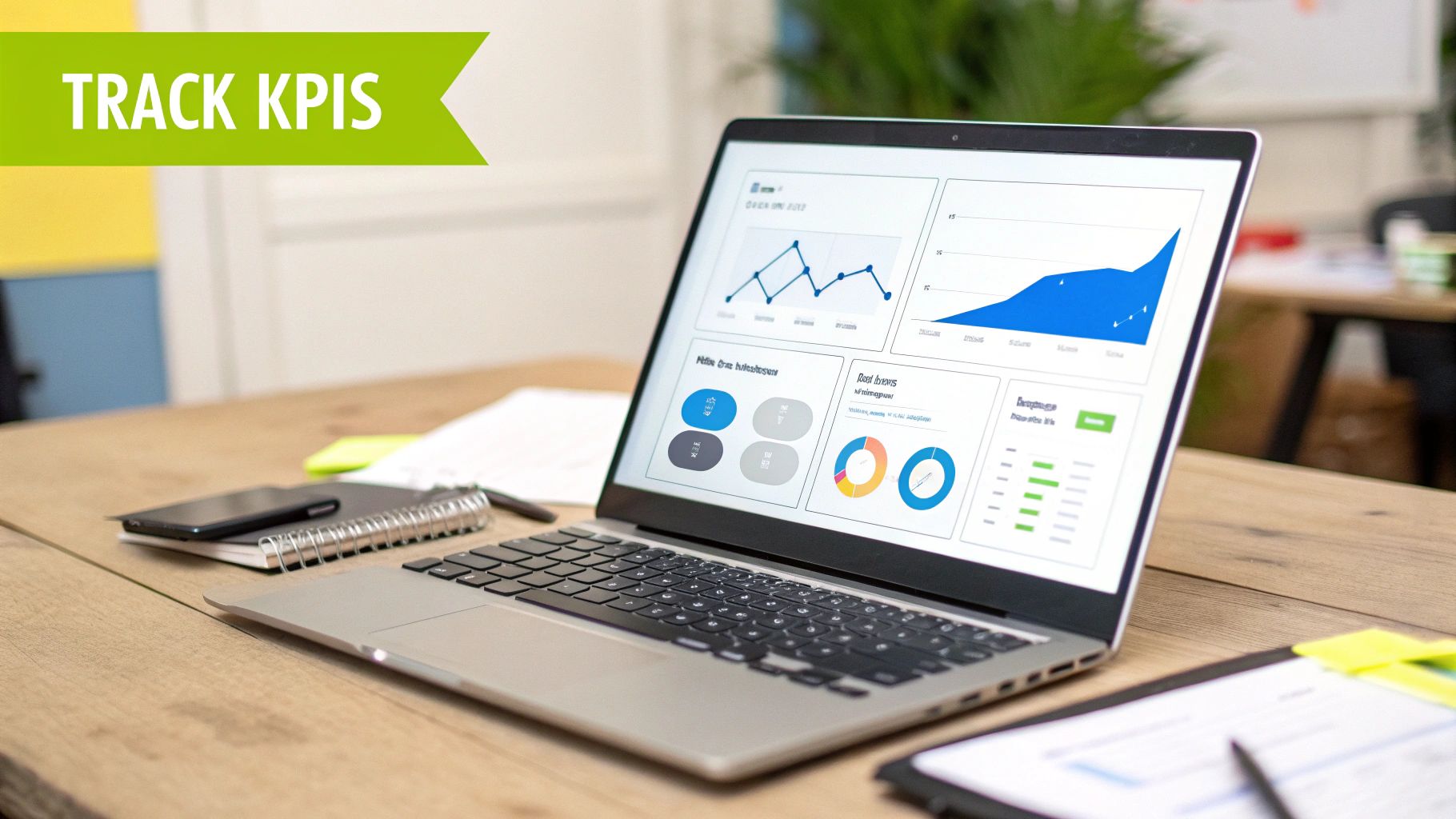 A laptop on a wooden desk displaying business dashboards with charts and graphs, tracking KPIs.