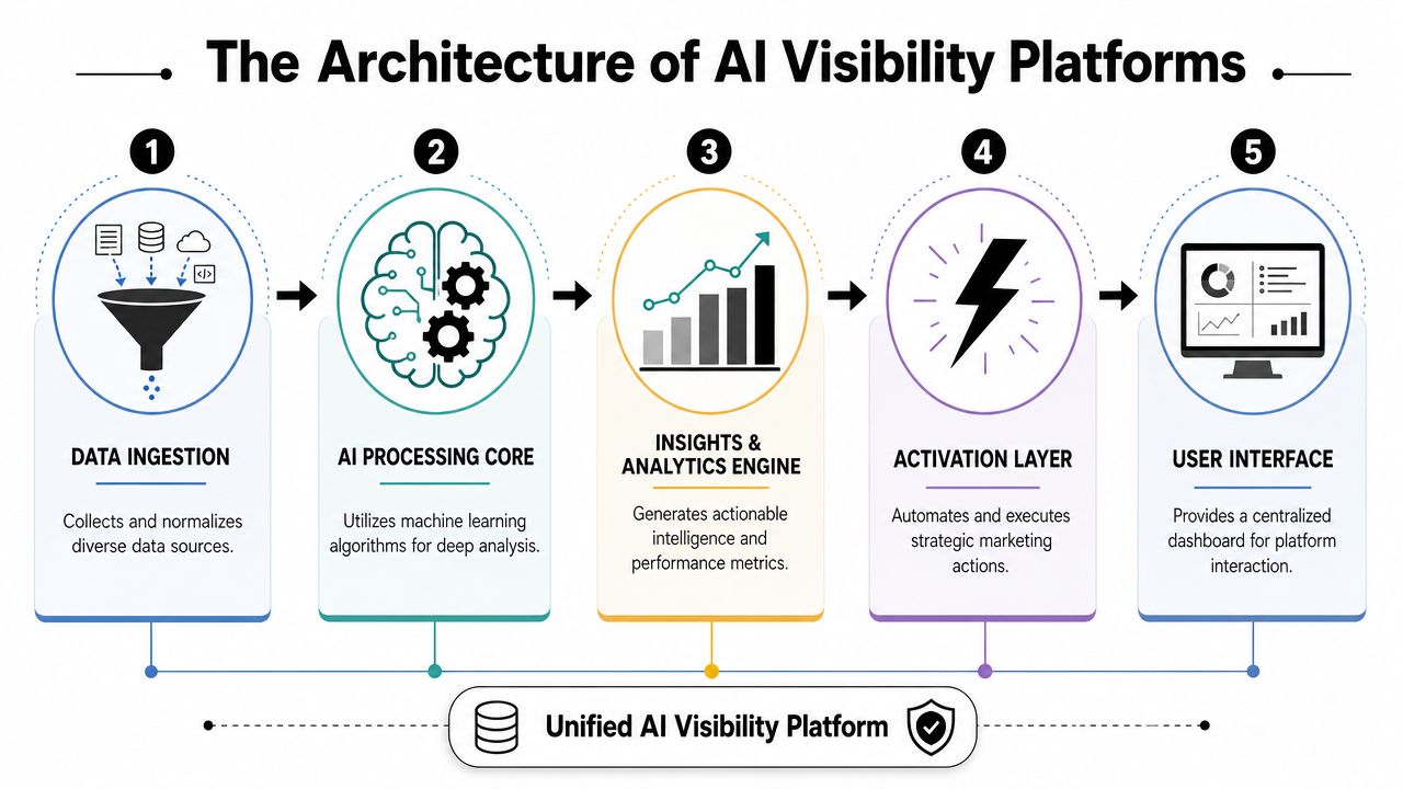 A diagram illustrating the five-step architecture of an AI visibility platform, from data ingestion to user interface.