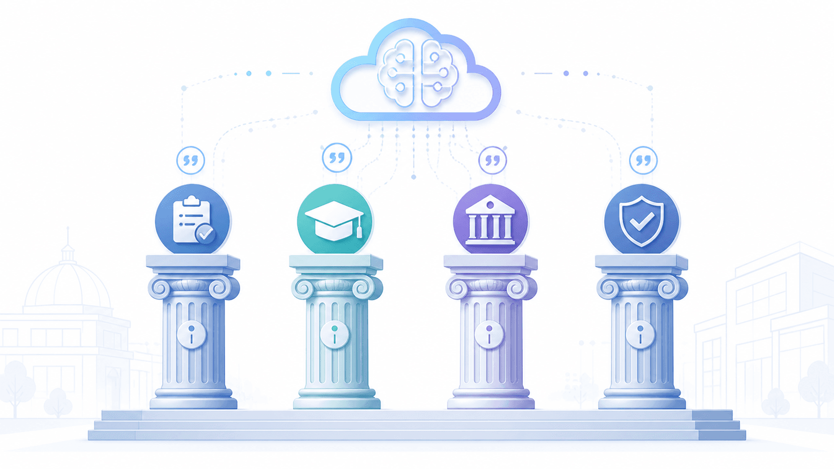 医療コンテンツにおけるE-E-A-T（Experience・Expertise・Authoritativeness・Trustworthiness）の4要素を表す概念図。AIに引用されるコンテンツの基盤となる信頼性の柱を表現