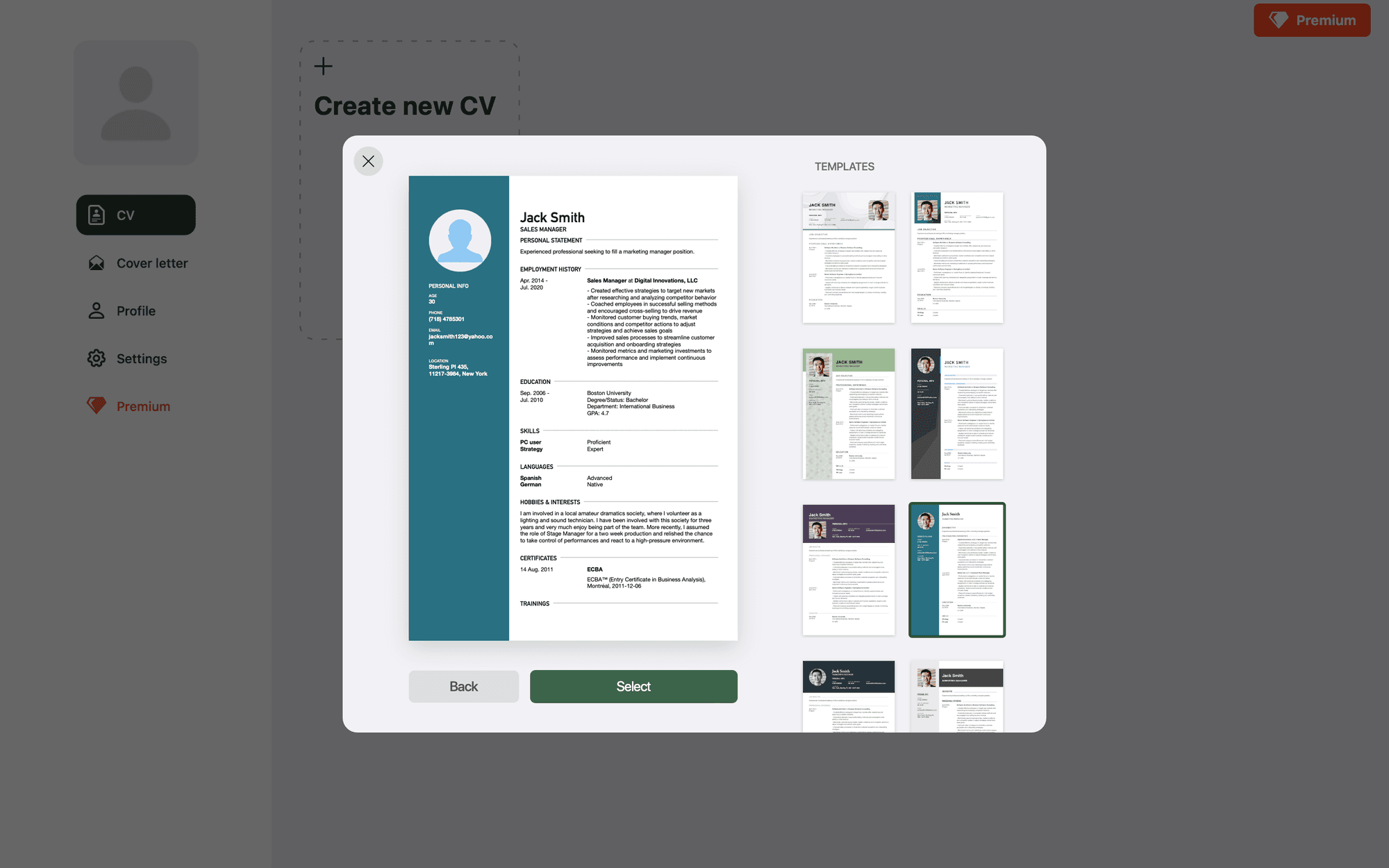 Screenshot of the CV Master Mac app including their resume template selection screen.