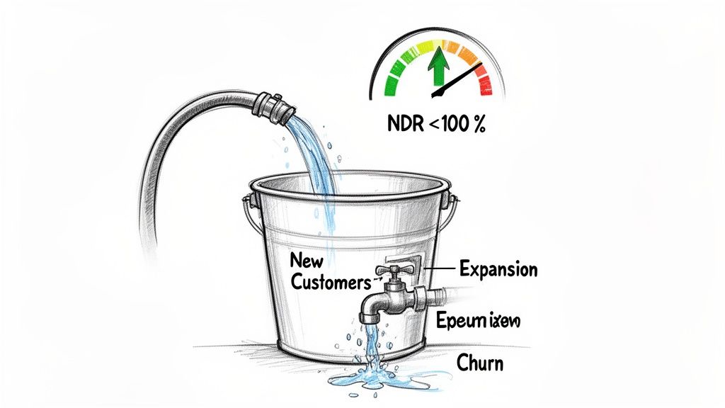 Leaky bucket illustration of Net Dollar Retention (NDR) showing new customers, churn, expansion, and NDR < 100%.