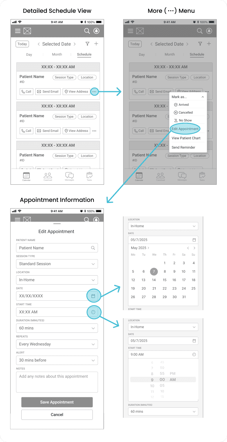 Mid fidelity wireframes showing "edit existing appointment" flow