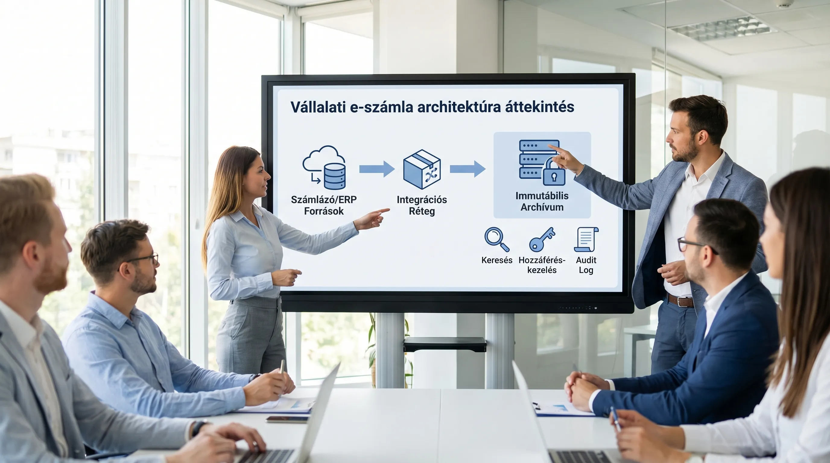 Overview of corporate e-invoice architecture: An integration layer transfers invoices and metadata from billing/ERP systems to an immutable archive, where search, access control, and audit log features ensure traceability.