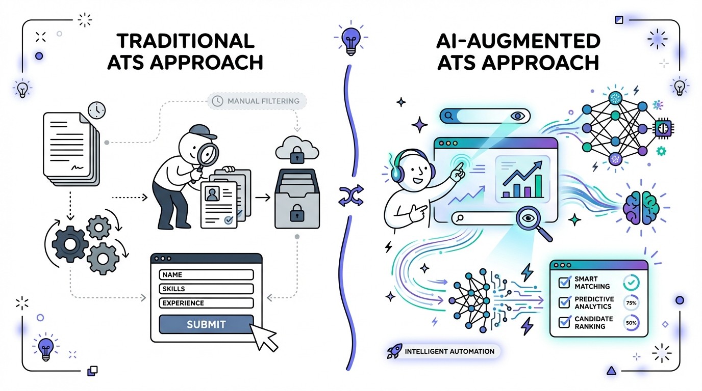 An infographic comparing traditional ATS with AI-augmented ATS. The traditional side shows icons of paper stacks, gears, and rigid structures. The AI-augmented side displays neural networks, flowing data streams, glowing AI chip icons, and futuristic interfaces, symbolizing advanced automation and intelligence.