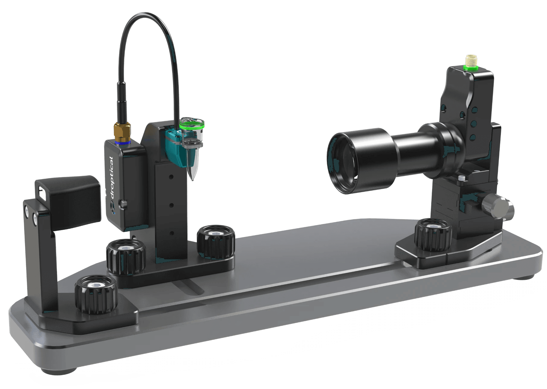 NanostrobeX Tropfenbeobachter montiert an einem Mikrodispenser.