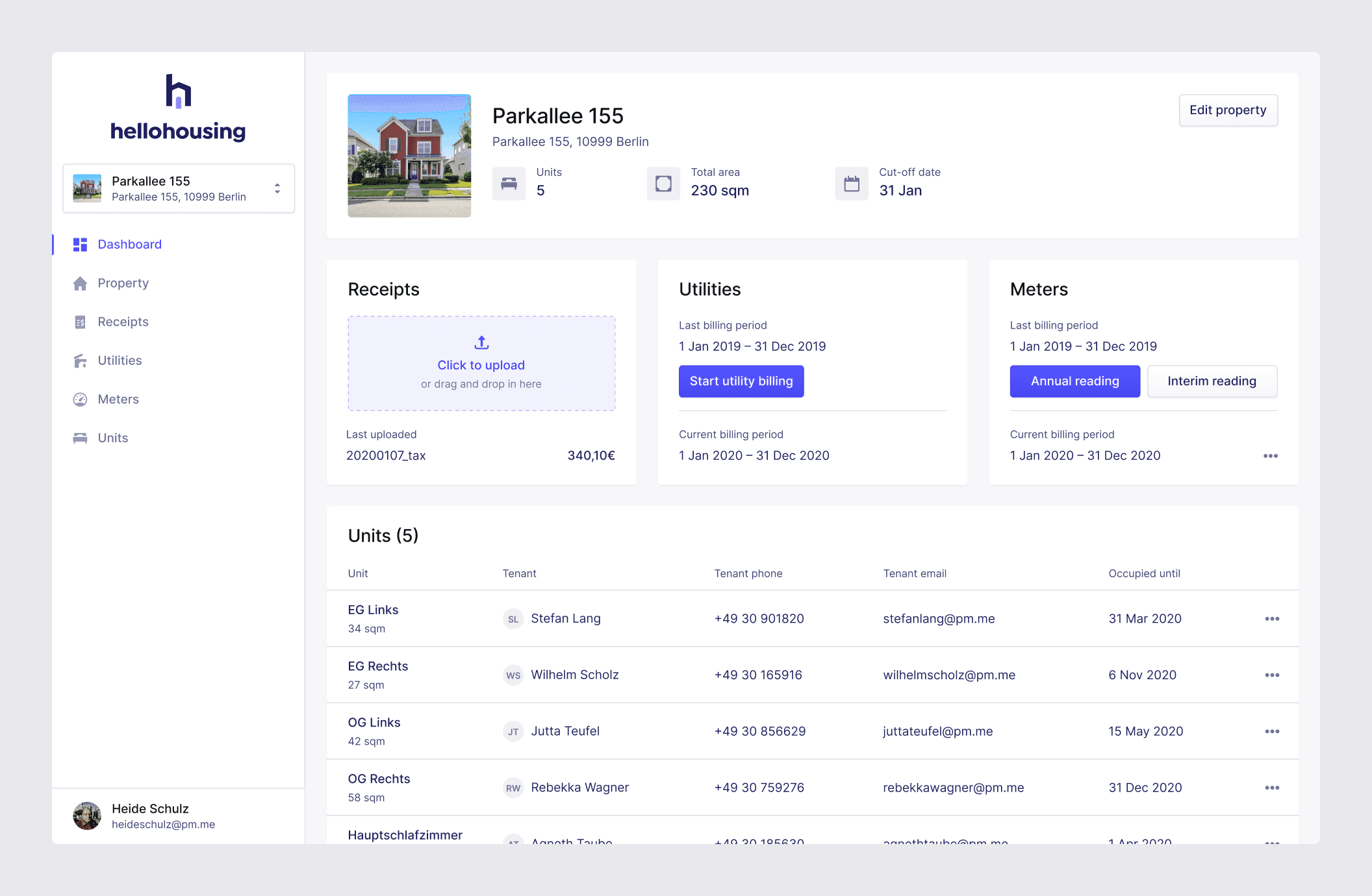 Hellohousing dashboard. There’s a vertical menu on the left side and in the rest of the screen there are cards with information about the property, receipts, utilities, maters, and units.