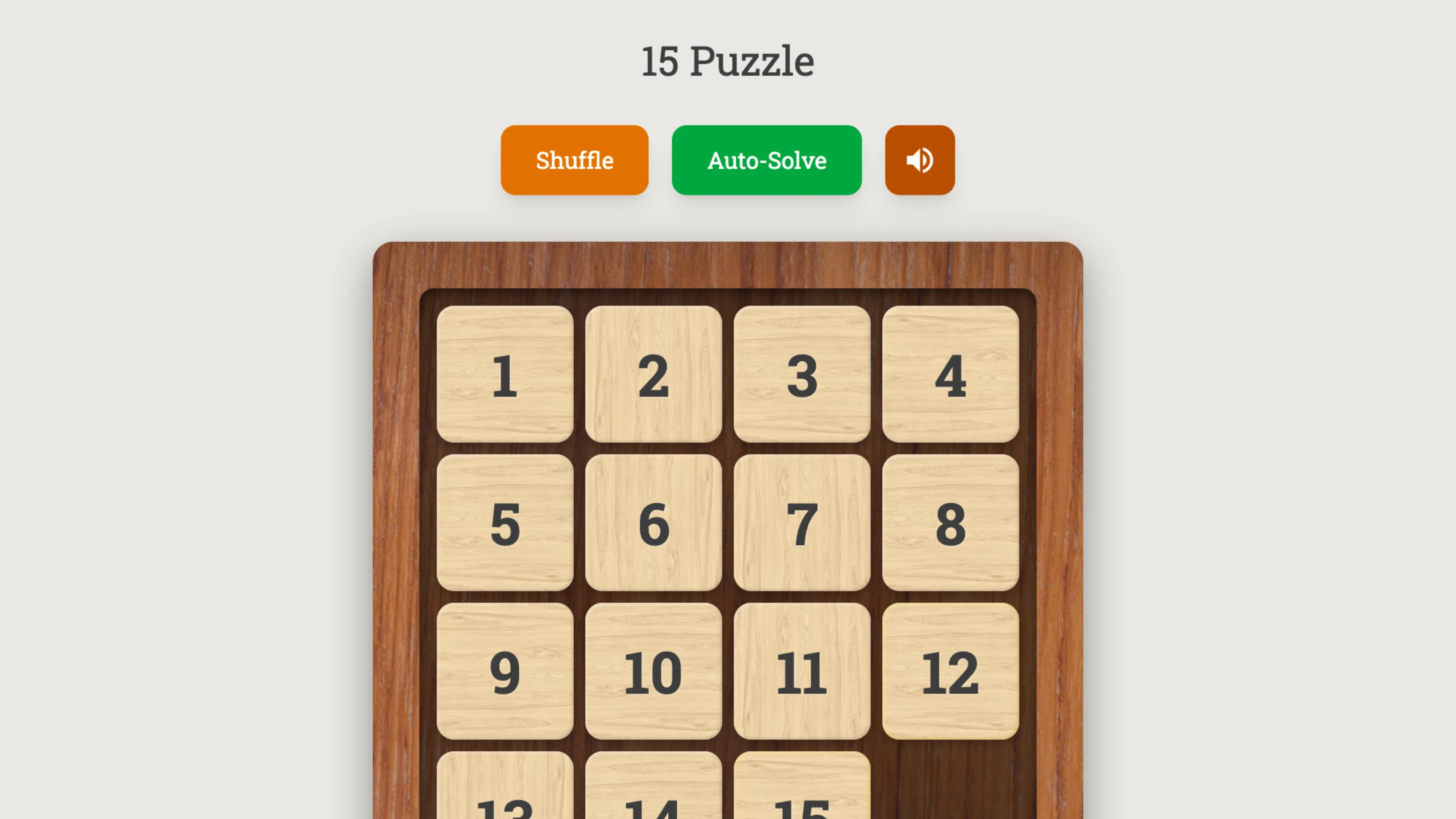 A wooden 15-puzzle with numbered tiles, an empty space, and buttons above it.