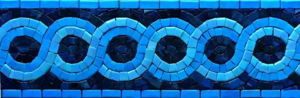 Running Circles mosaic border, Turquoise and navy, hand-cut — reference H-21, Mosaiclegs Art Studio
