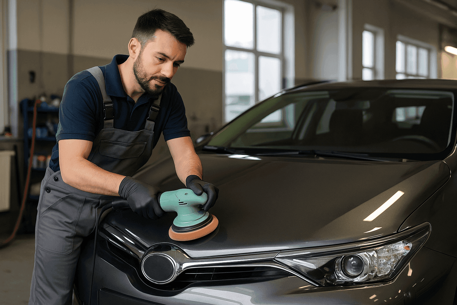 Man polishing car hood with power buffer