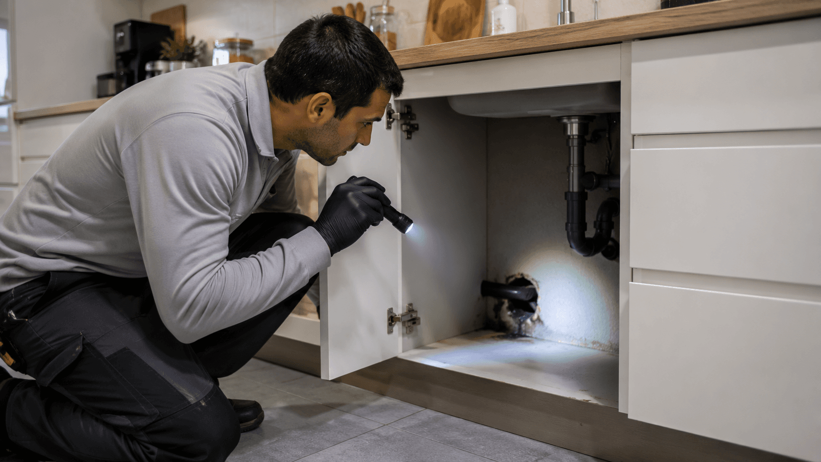 Technicien inspectant les points de passage de rongeurs dans une maison