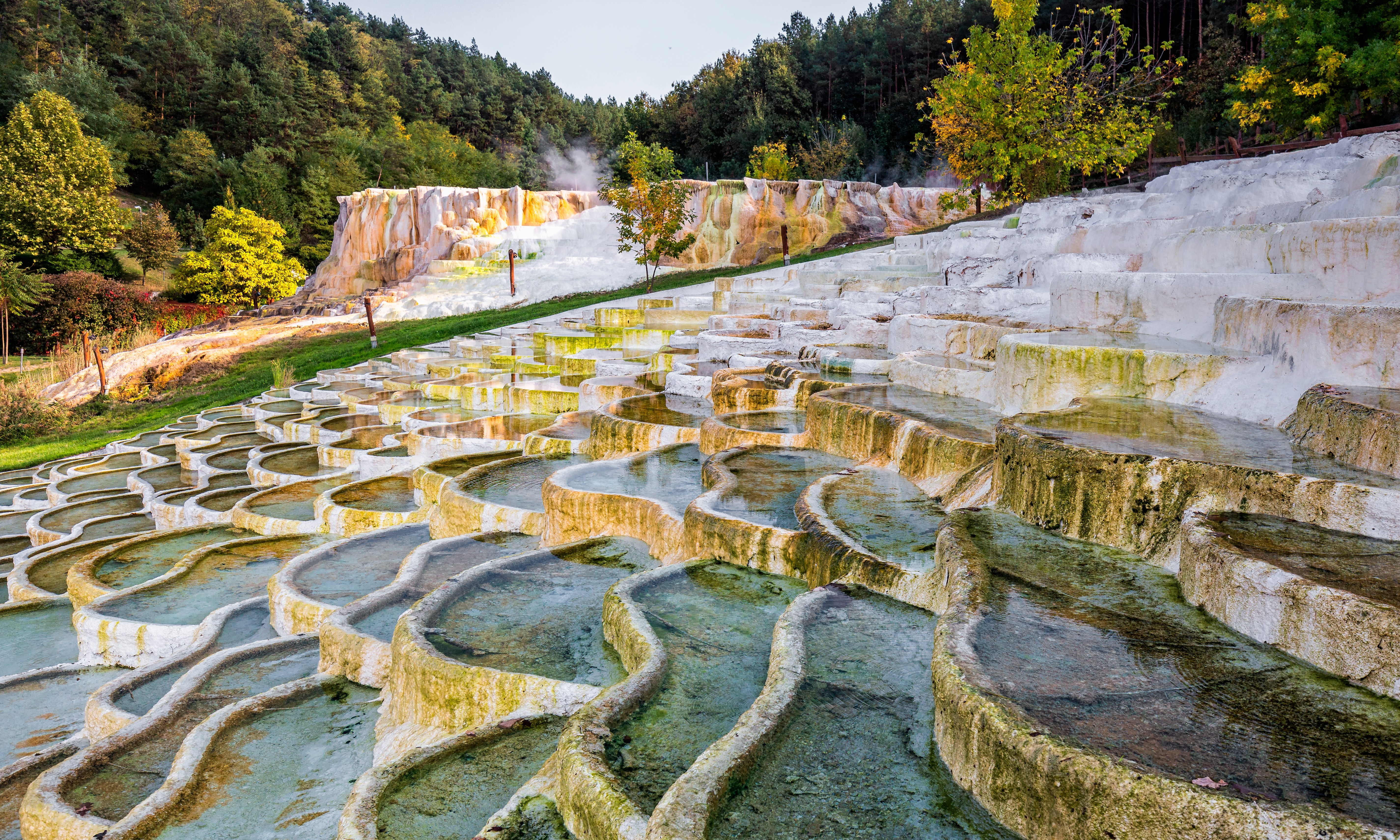 Terraced natural hot springs with mineral-rich pools cascading down a hillside surrounded by green forest.