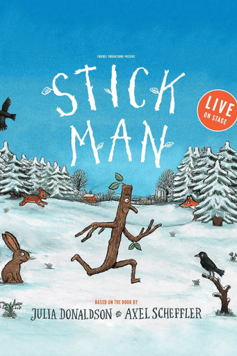 Stick Man running through snowy park with animals and snowman, London.