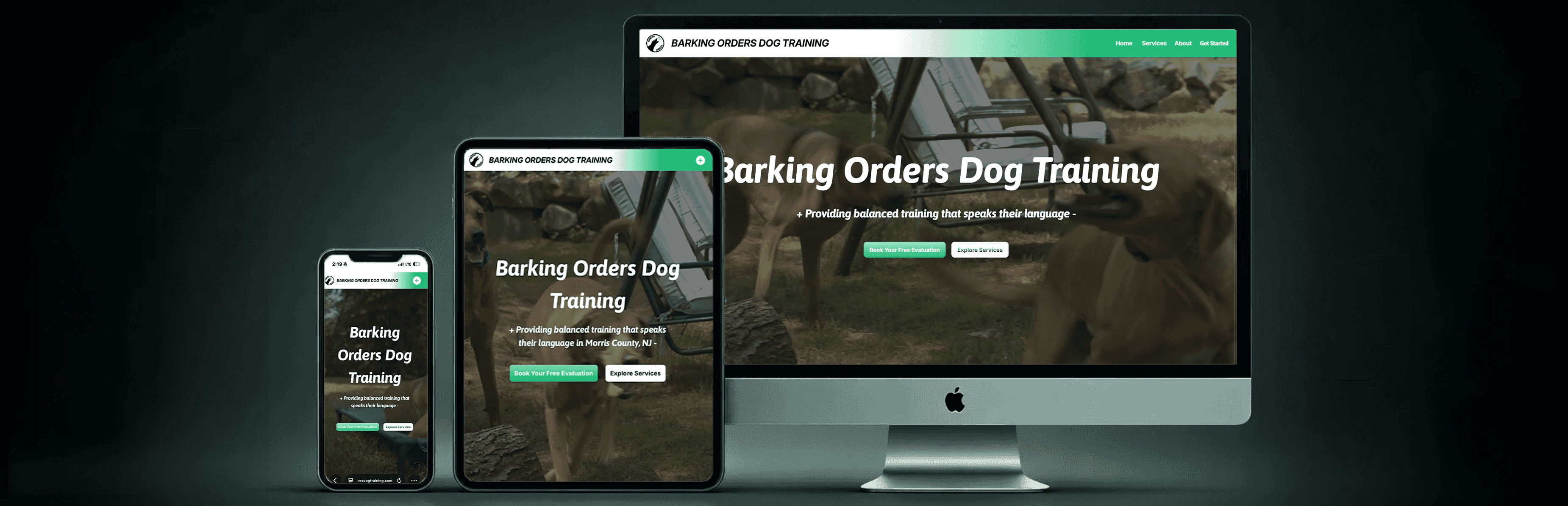Responsive dog training website design displayed on desktop tablet and mobile devices
