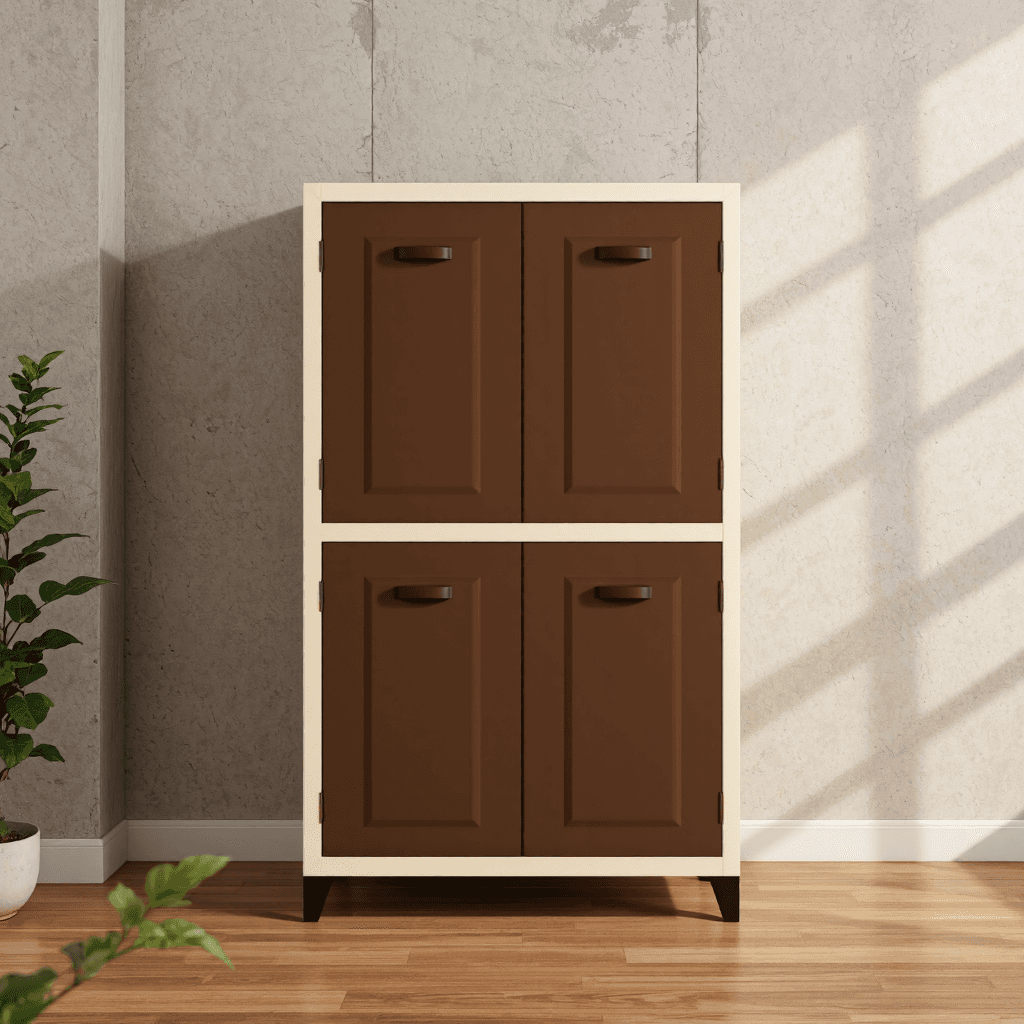 product photography of a stackable storage cabinet with four compartments