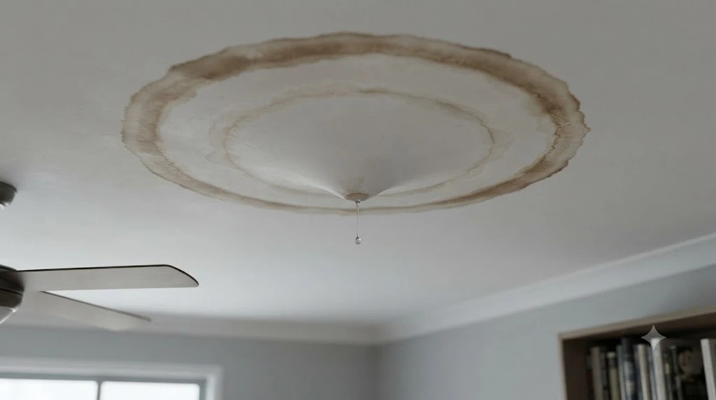 Water stain spreading across a residential ceiling below a roof leak in a South Florida home