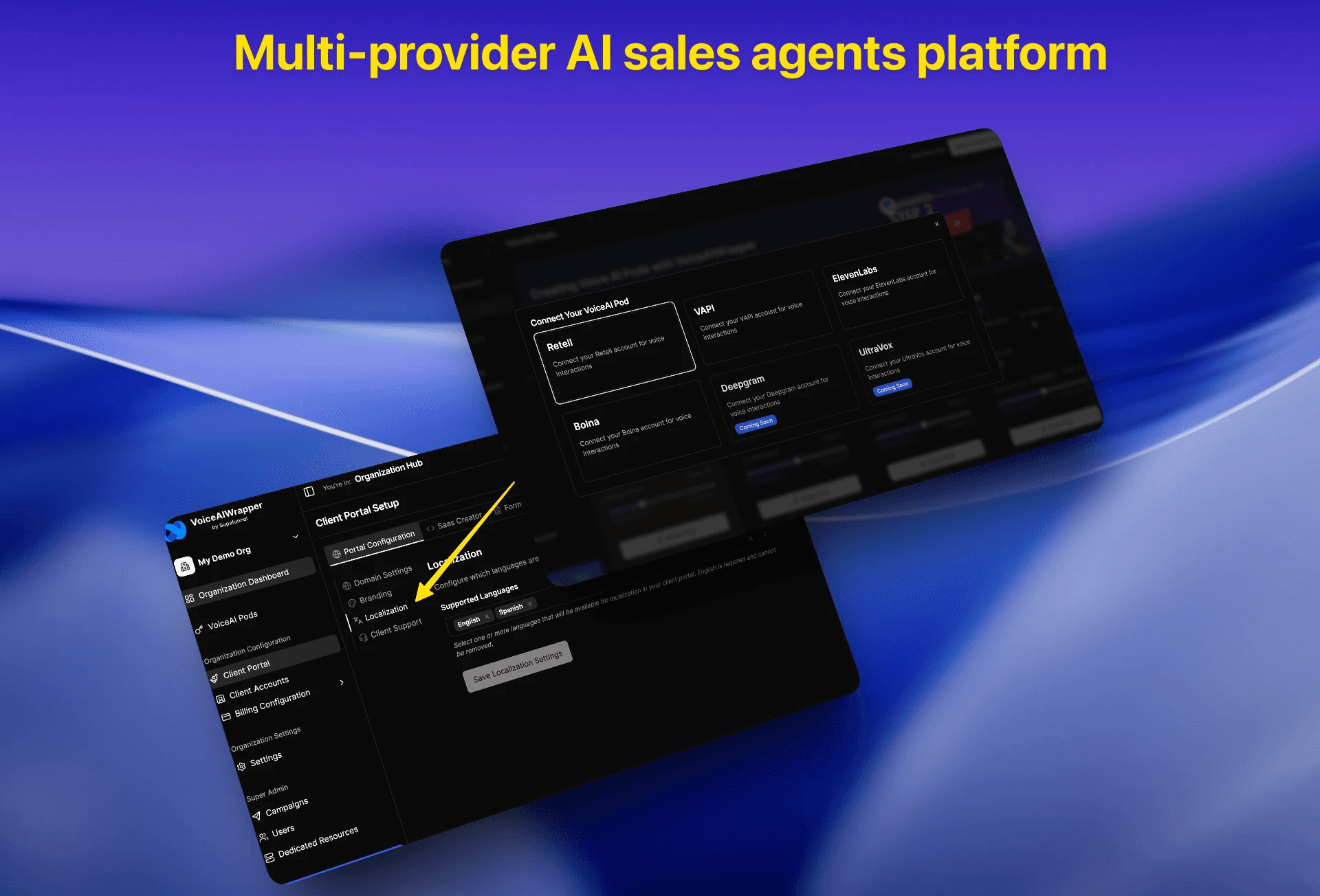 Multi-provider AI sales platform showing voice provider selection including Retell, Vapi, ElevenLabs with language configuration | VoiceAIWrapper