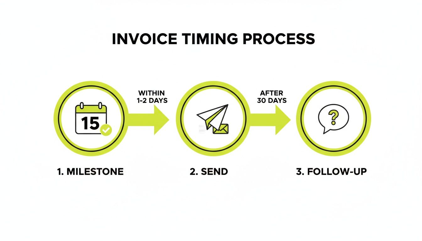 Invoice timing process flow: milestone, sending within 1-2 days, and follow-up after 30 days.