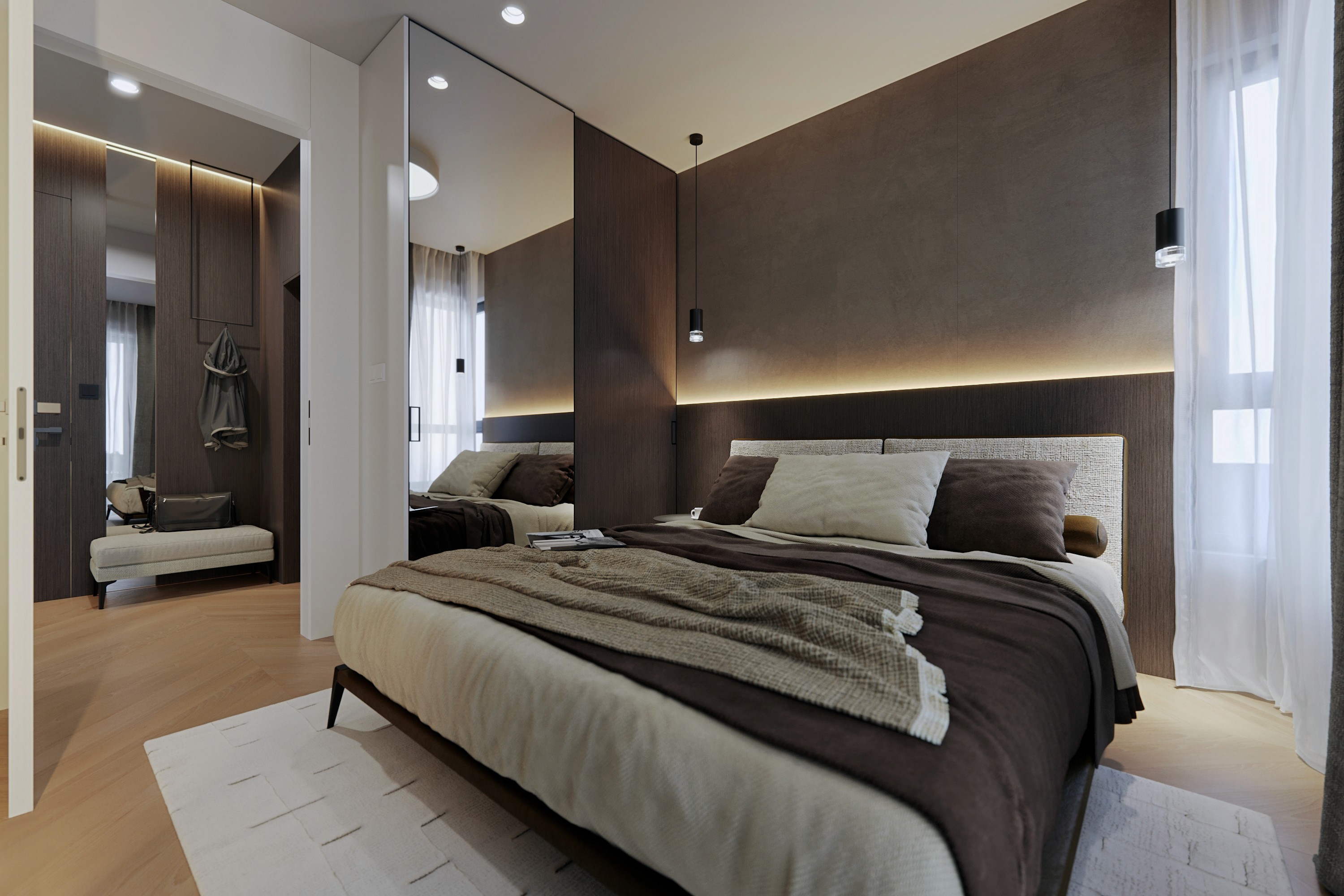 Compact apartment bedroom with clean lines, contrasting details and elegant lighting