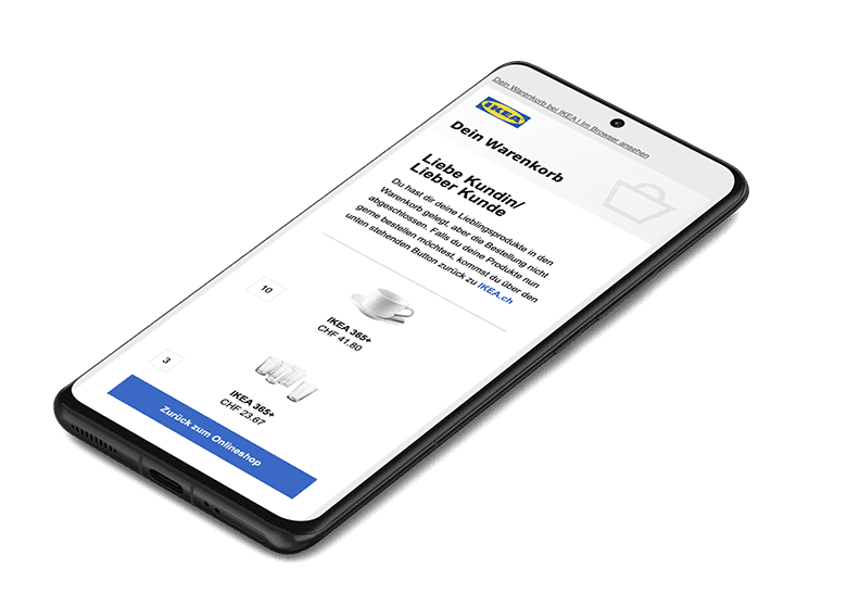 Smartphone mit Ansicht einer Sovendus Optimize Warenkorb-Mail