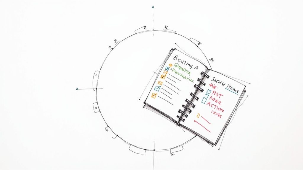 Clock face with spiral notebook showing executive assistant tasks including scheduling and prioritization lists