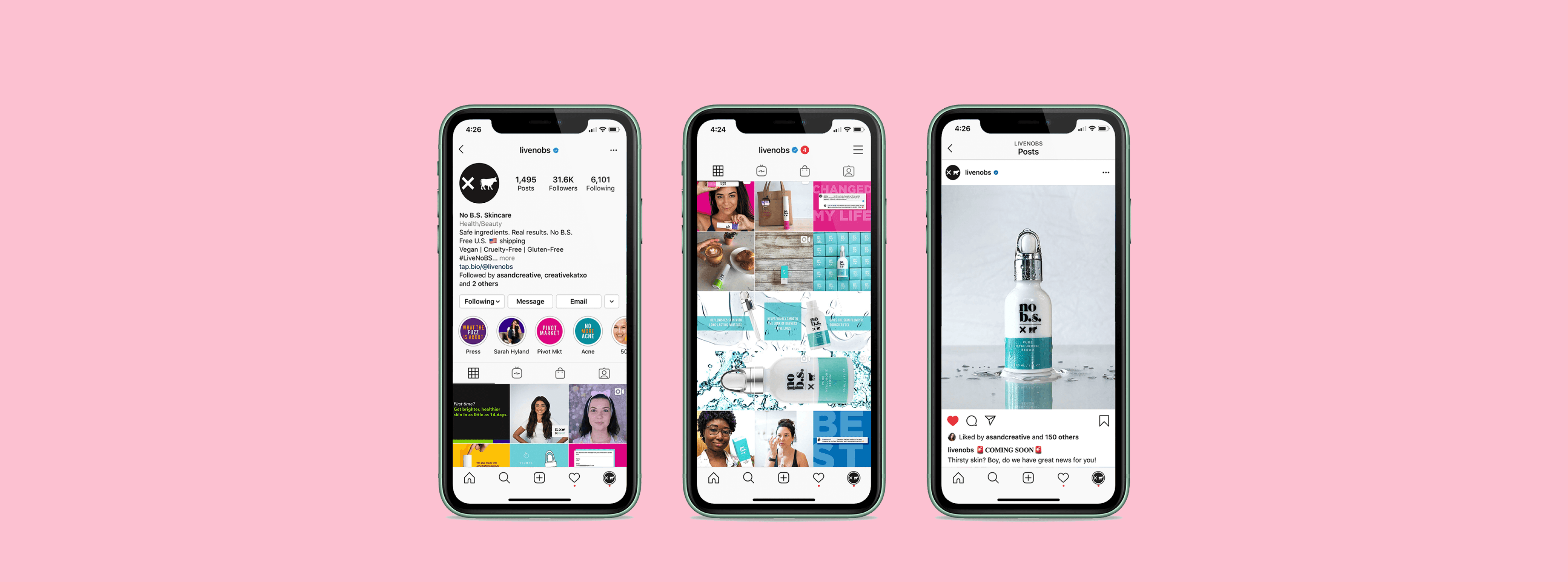 An image of 3 iPhones displaying various posts of No B.S. Skincare's Intagram profile on a pink background.