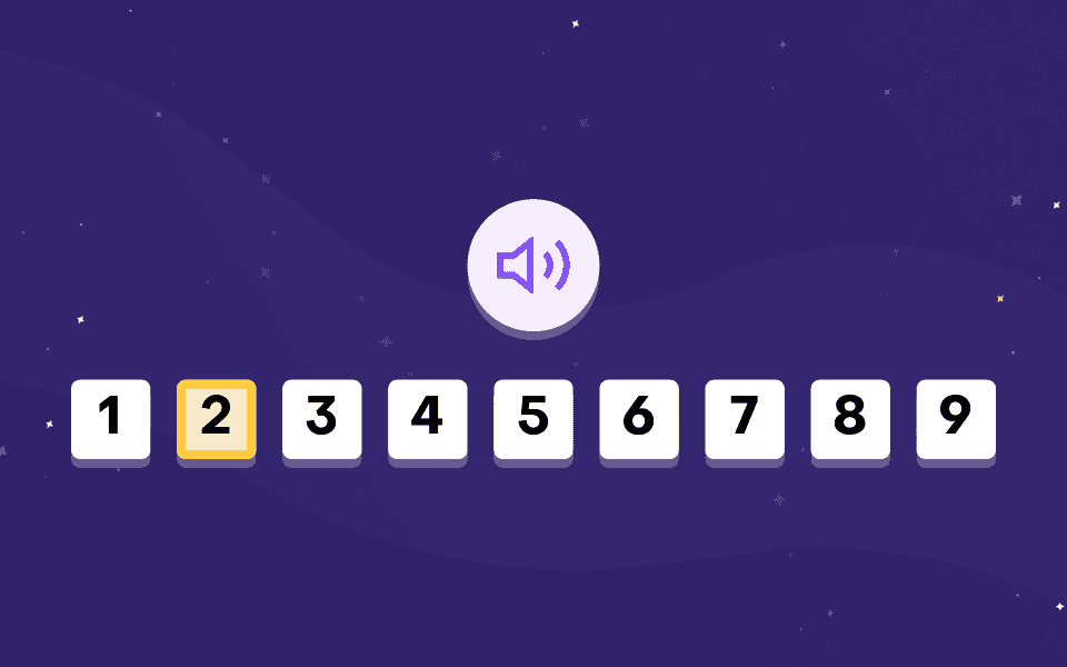 Talamo test screen, Syllables (Beats): a listen button and number tiles from 1 to 9, with 2 selected, on the starry test background.