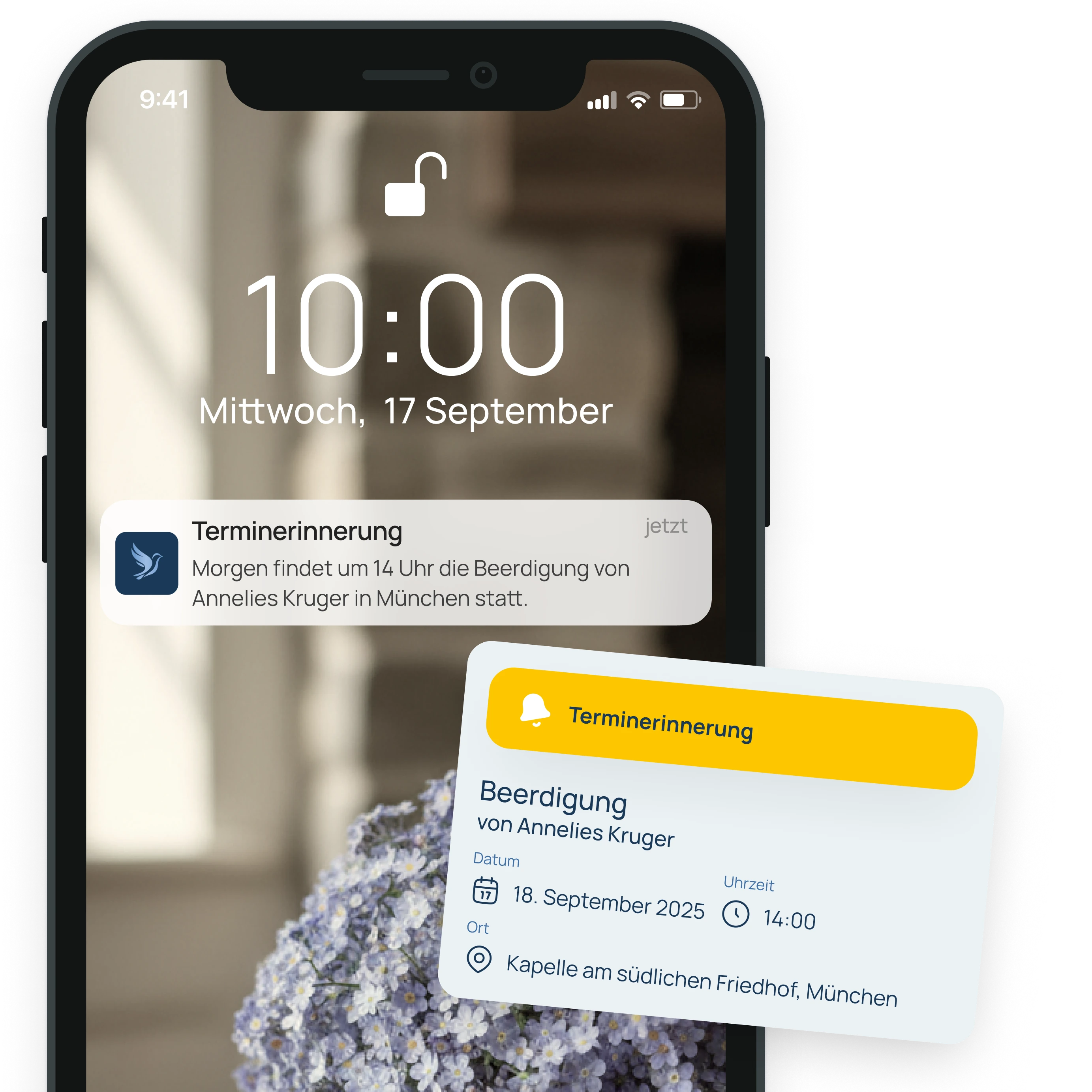 Smartphone mit Popup zu Terminerinnerung an eine bevorstehende Beerdigung, sowie exemplarisches Terminerinnunges Element aus der App