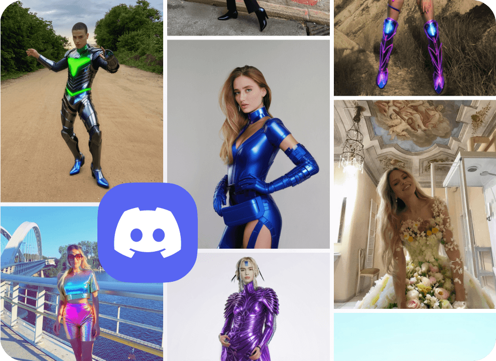 A collage featuring diverse individuals posing in AI-generated outfits created using the DRESSXAI_bot on Discord