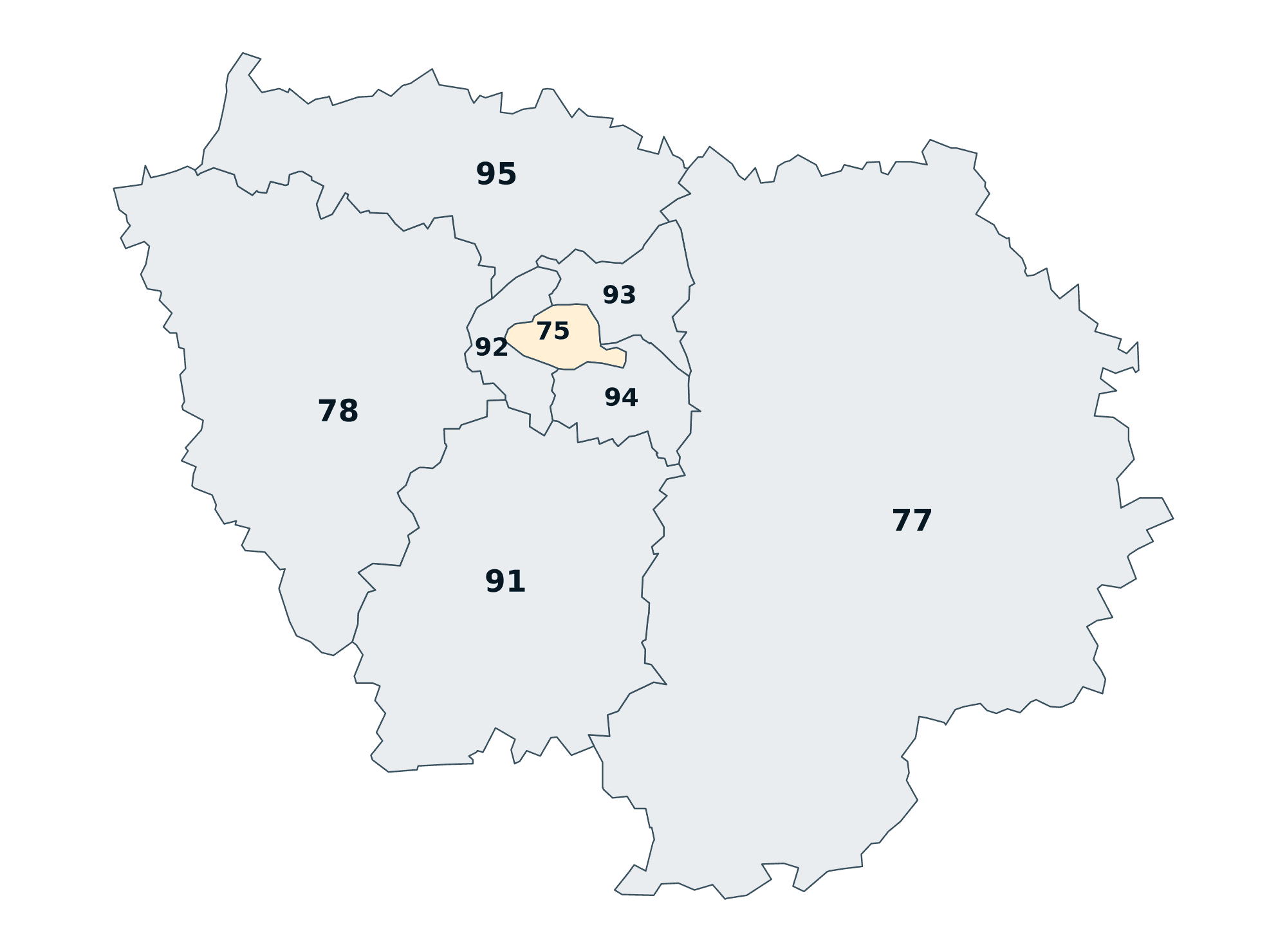 Carte de l’Île-de-France : Paris, Seine-et-Marne, Yvelines, Essonne, Hauts-de-Seine, Seine-Saint-Denis, Val-de-Marne et Val-d’Oise.