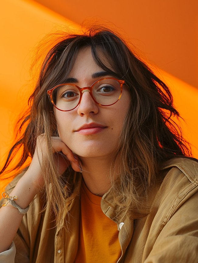Sarah Johnson, CEO of Velora, smiling in round glasses against an orange wall