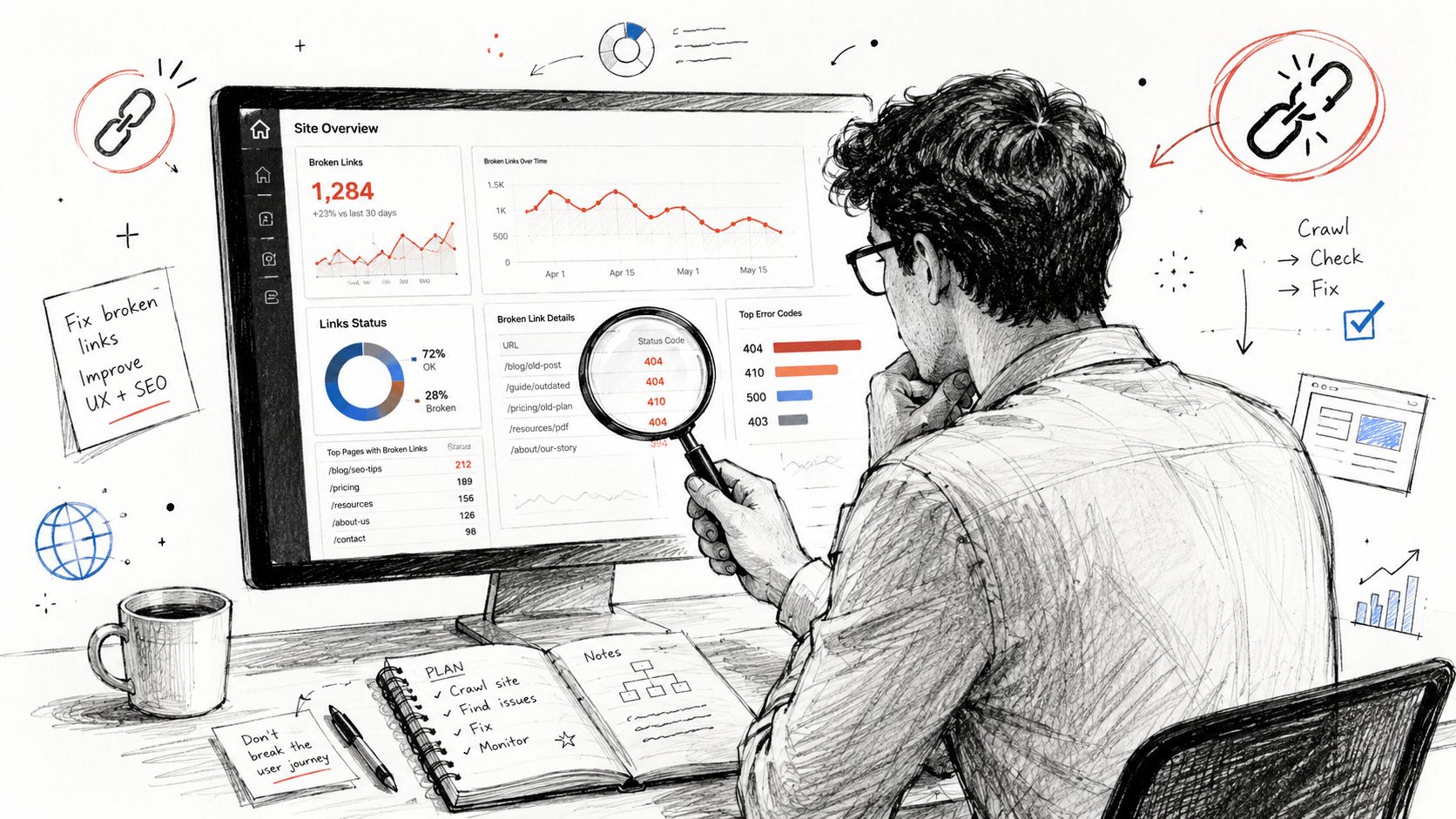 A digital marketer analyzing website broken links using a dashboard on a computer screen for SEO optimization.