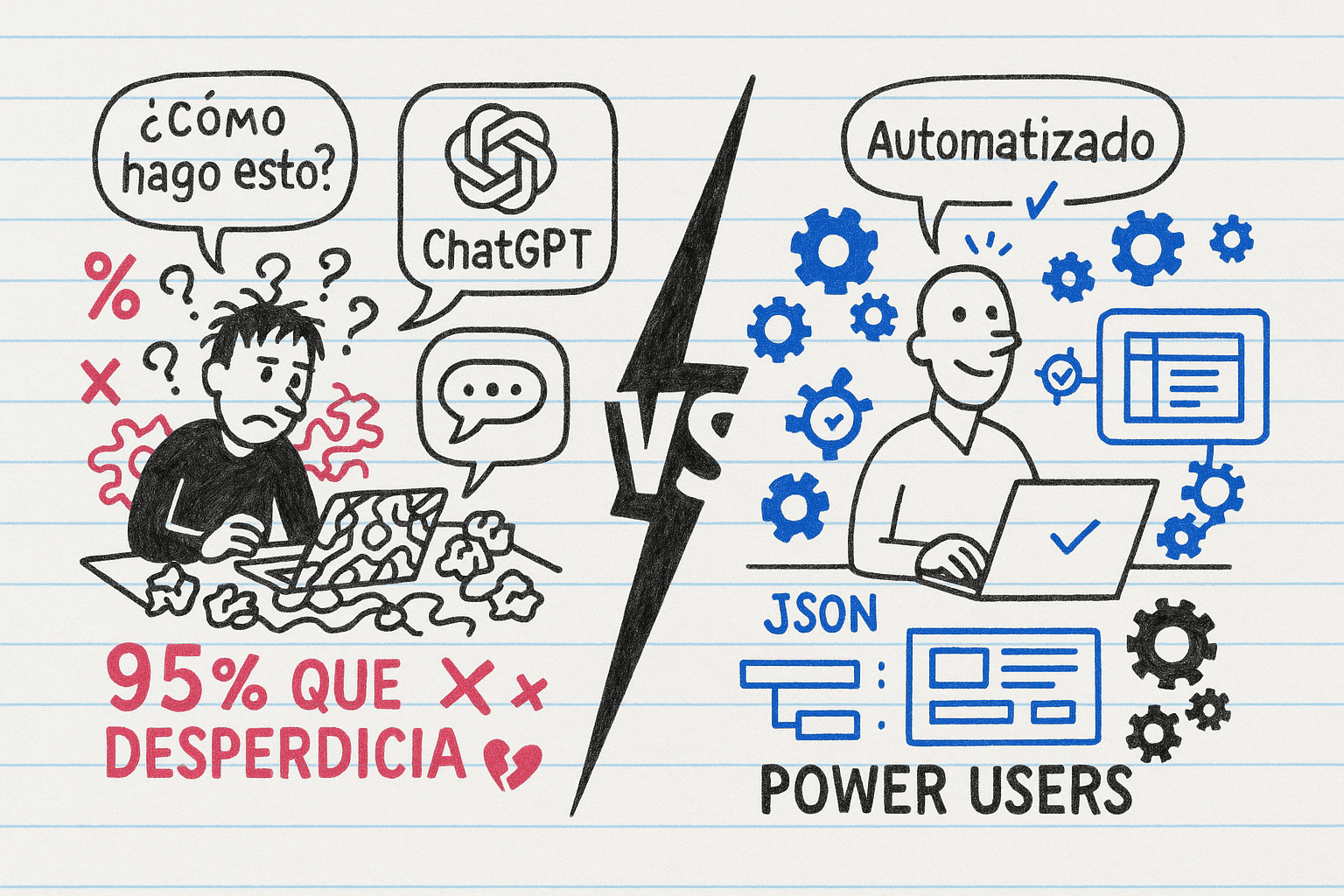 Ilustración estilo doodle comparando dos escenarios: izquierda muestra emprendedor frustrado con laptop y prompts conversacionales desorganizados; derecha muestra emprendedor exitoso usando JSON prompting estructurado con símbolos de automatización y engranajes en azul. Estilo cuaderno rayado con dibujos en negro y acentos azules para tecnología.