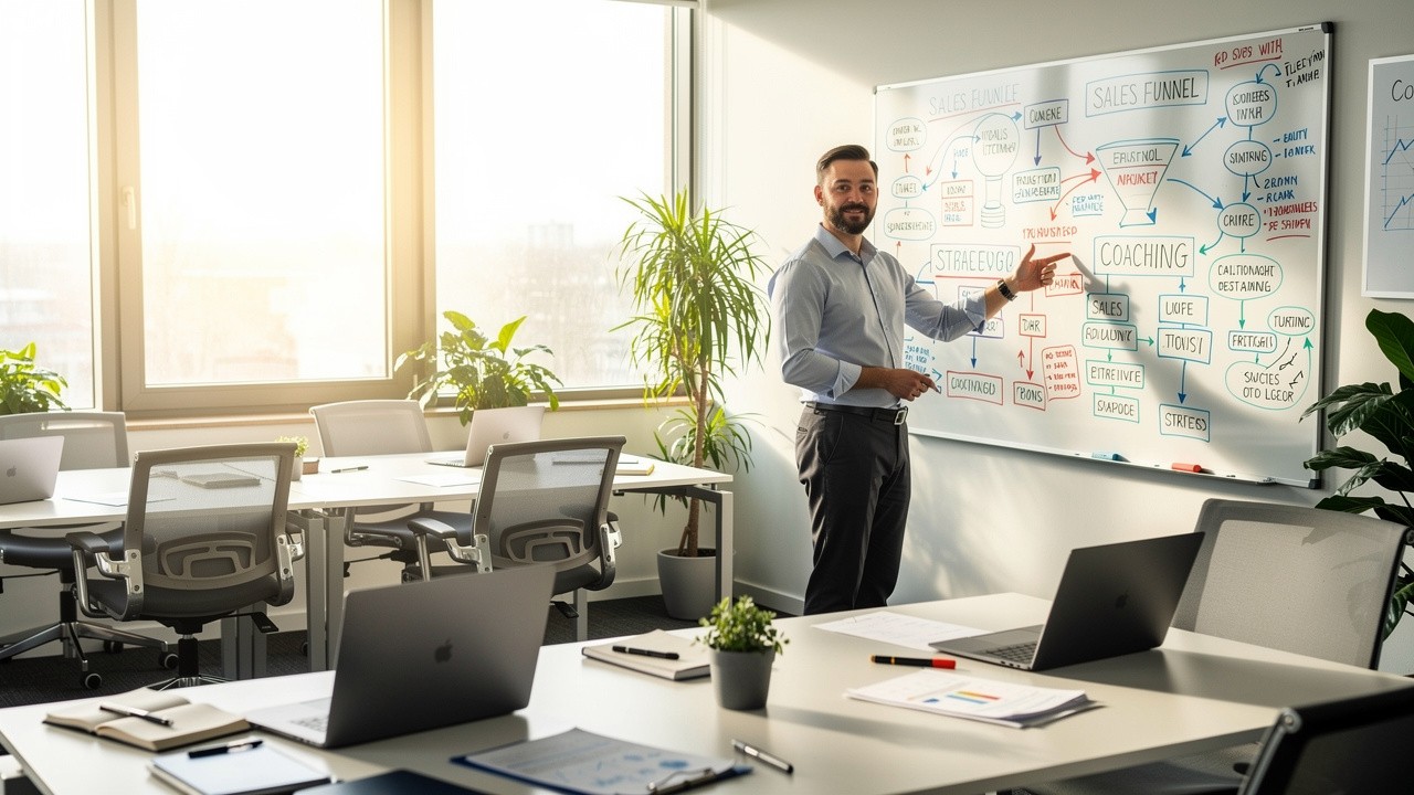 Sales frameworks and proven closing strategies on office whiteboard
