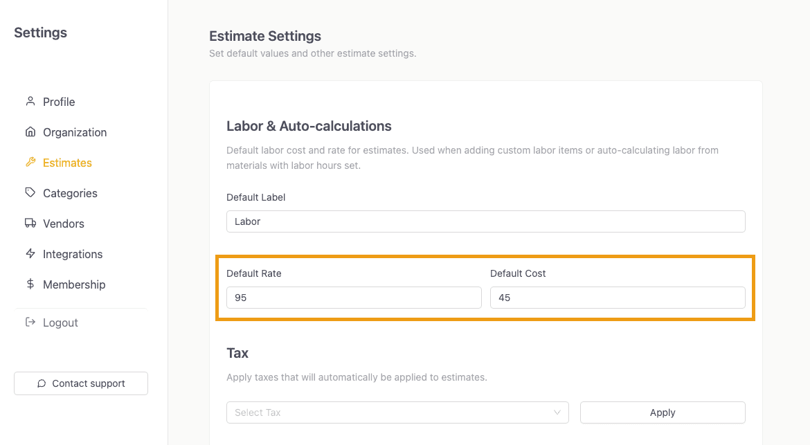 Set default labor costs and rates in the estimate settings preference page of VoltPro.