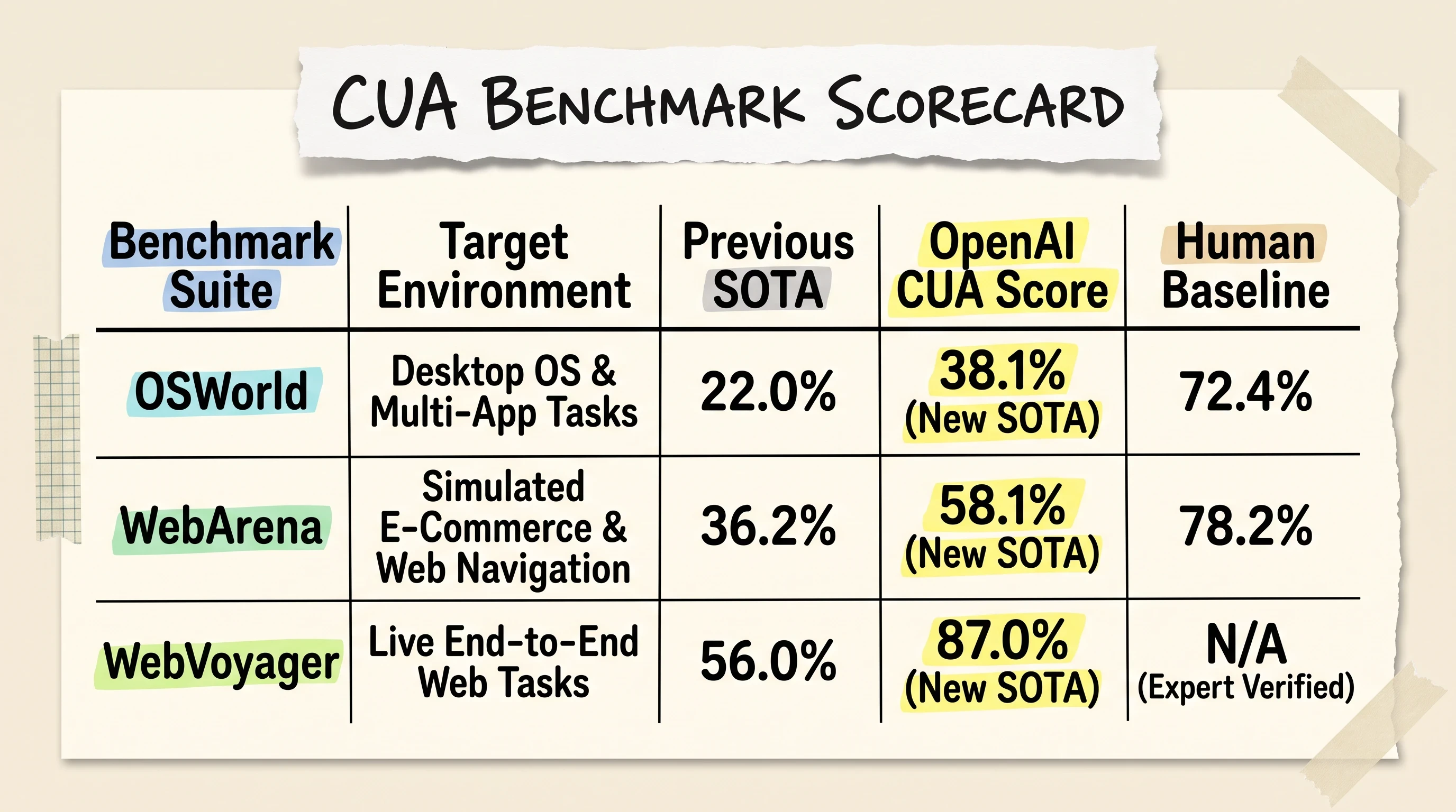 Benchmark scorecard comparing OpenAI CUA performance against previous SOTA and human baselines on OSWorld WebArena and WebVoyager