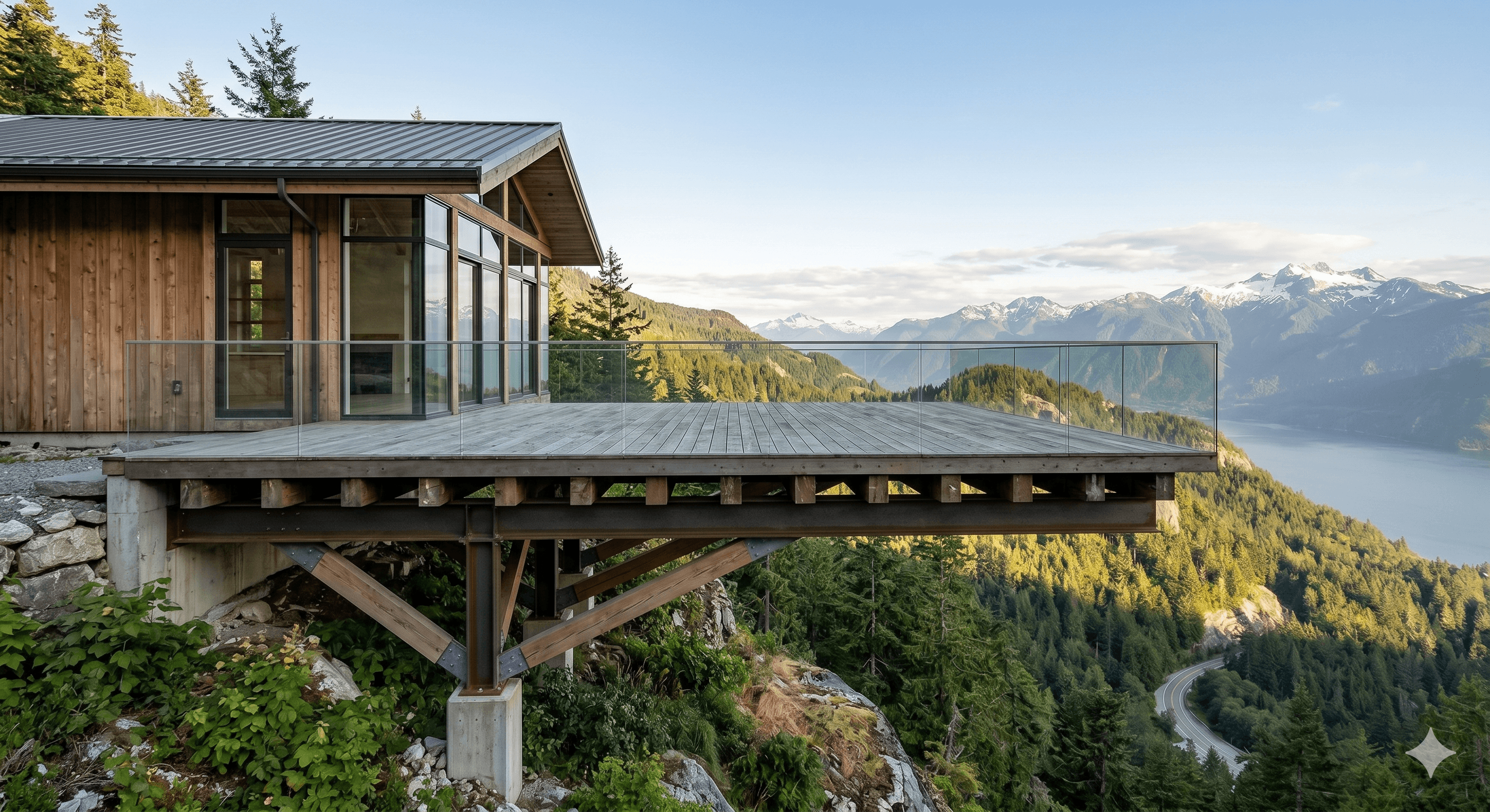 Glass railing installation on an elevated Squamish hillside deck with engineered structural support.
