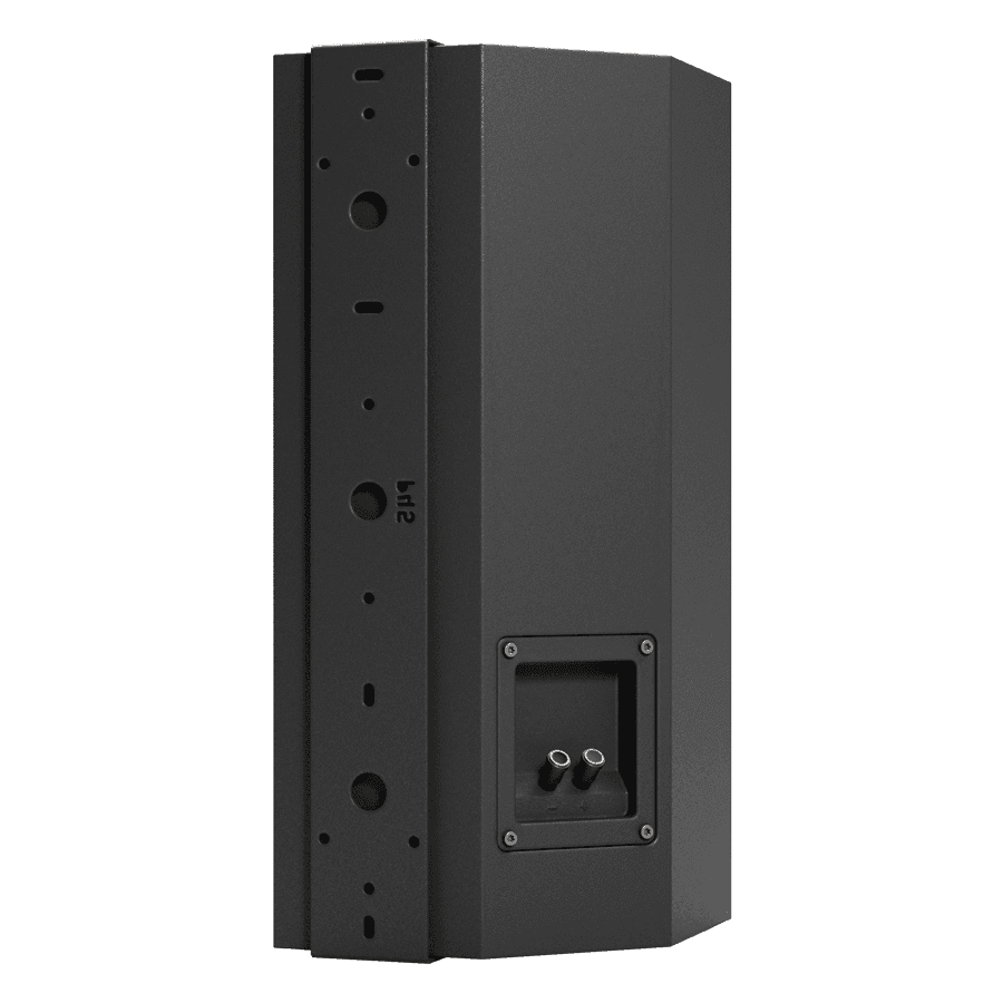 Black speaker with mounting holes and binding posts