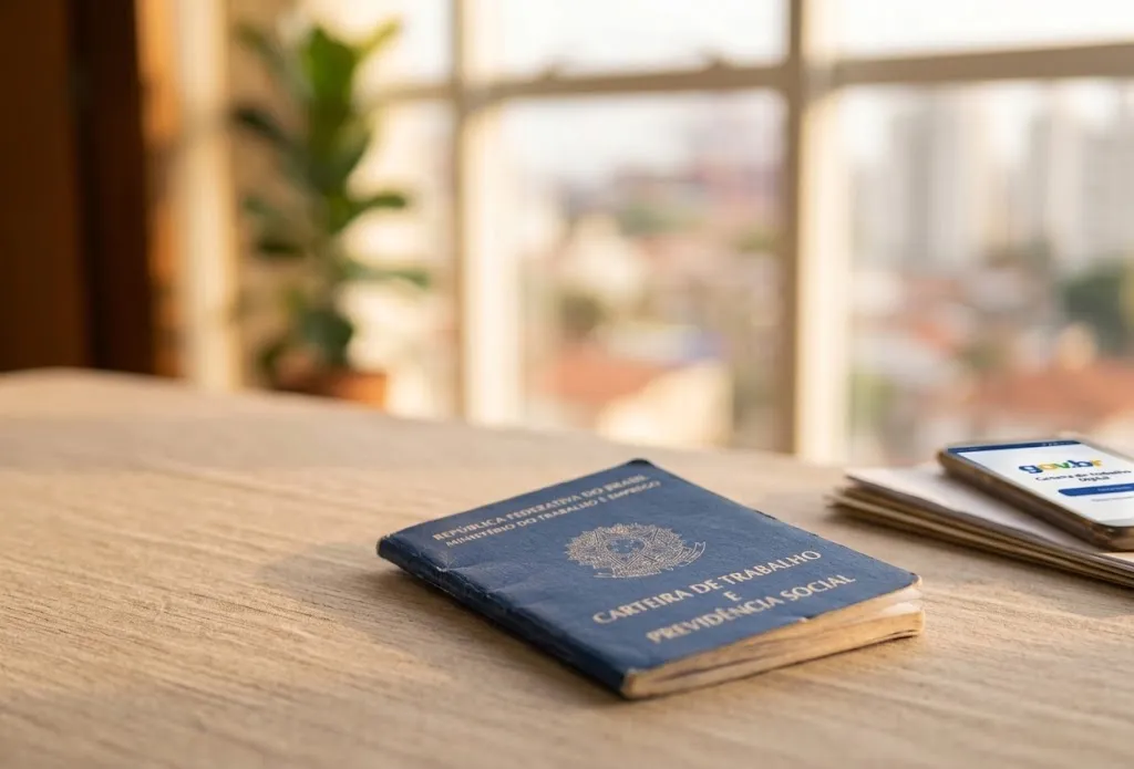 Carteira de Trabalho e Previdência Social (CTPS) azul fechada, disposta sobre uma mesa de madeira clara.