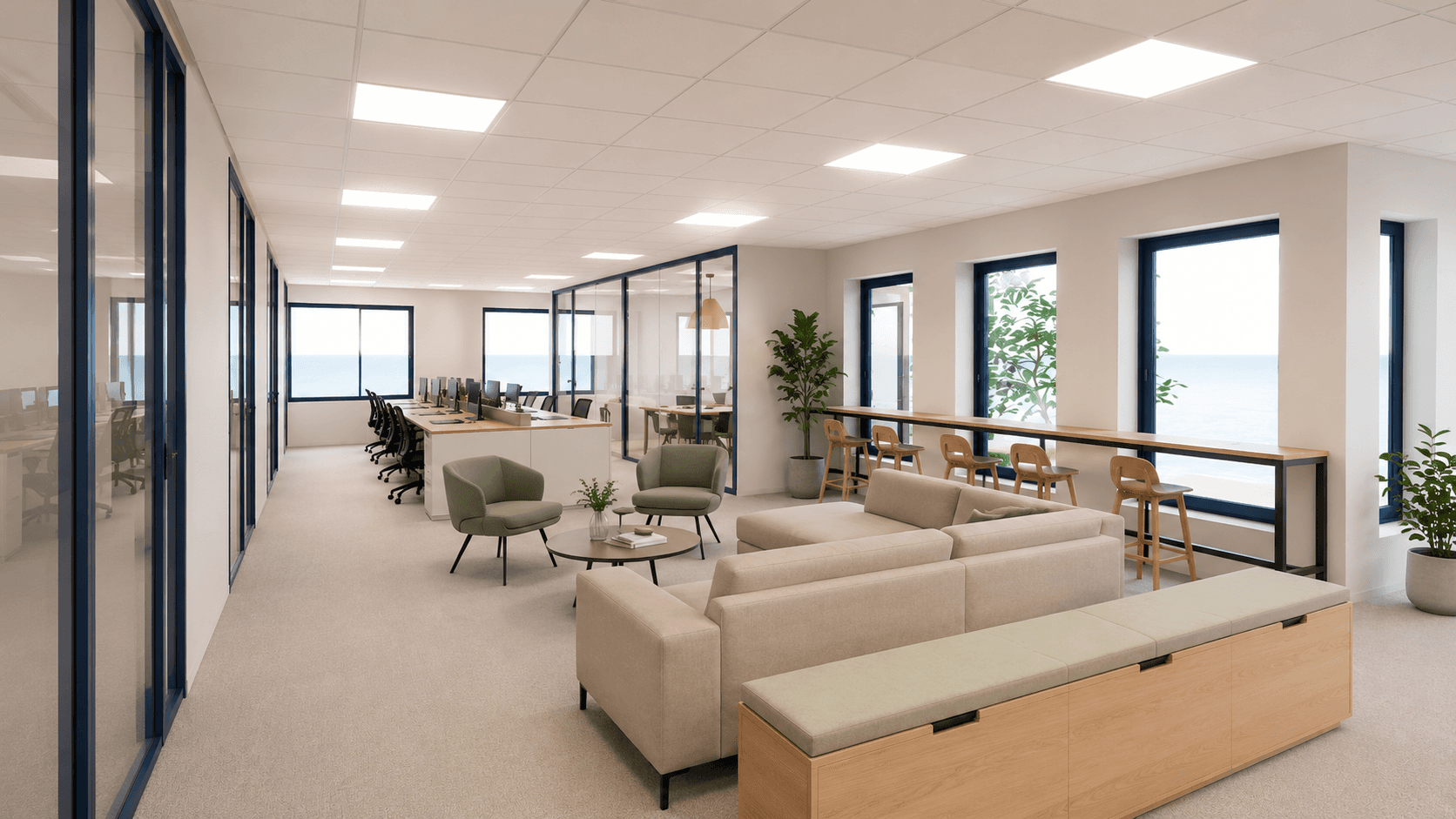Voorbeeld van test-fit kantoorindeling en interieurontwerp