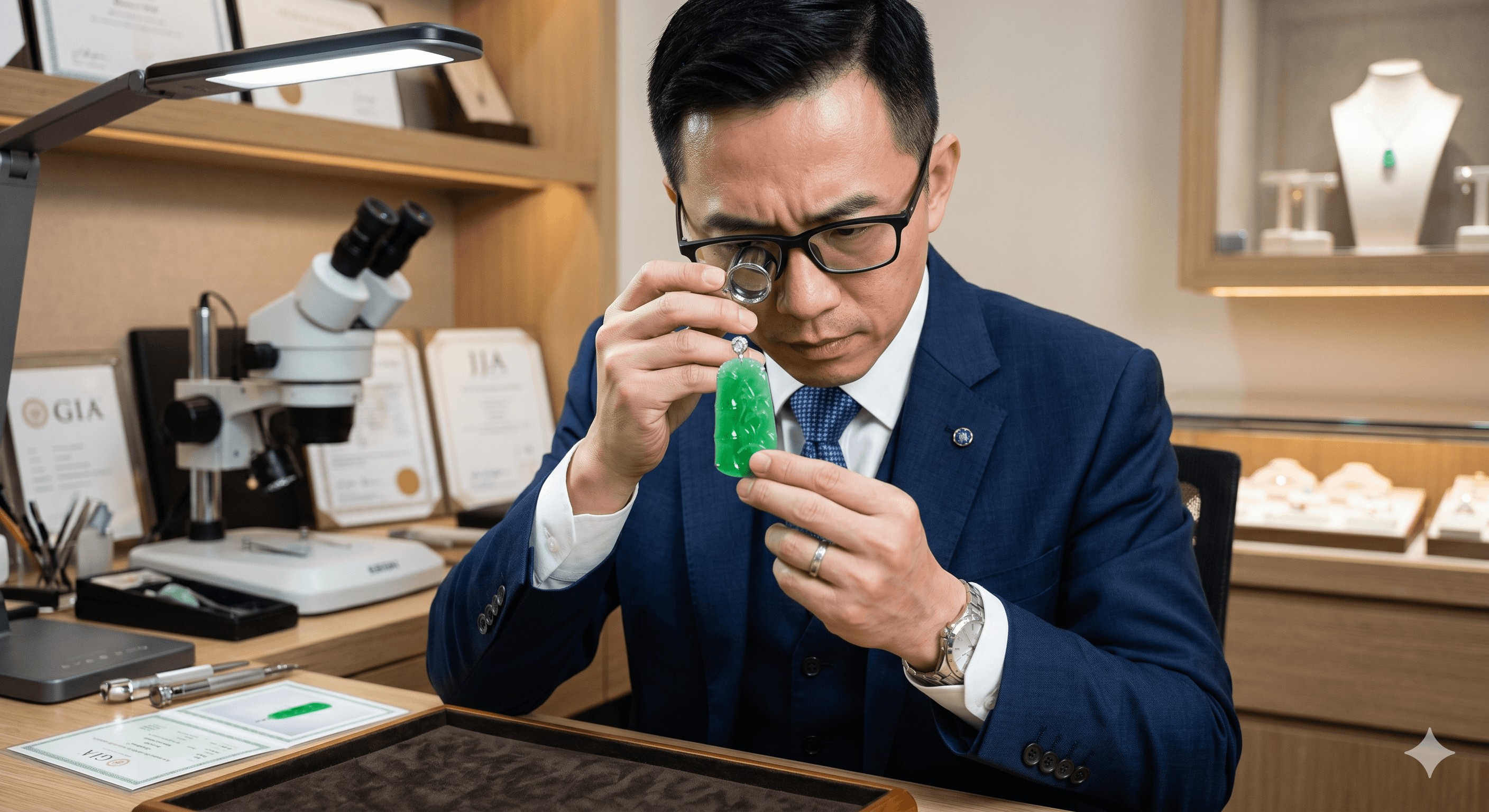專業鑑定師細心檢驗翡翠物件，結合當前國際市場行情分析，為客戶提供精準的精品價值評估與專業建議。