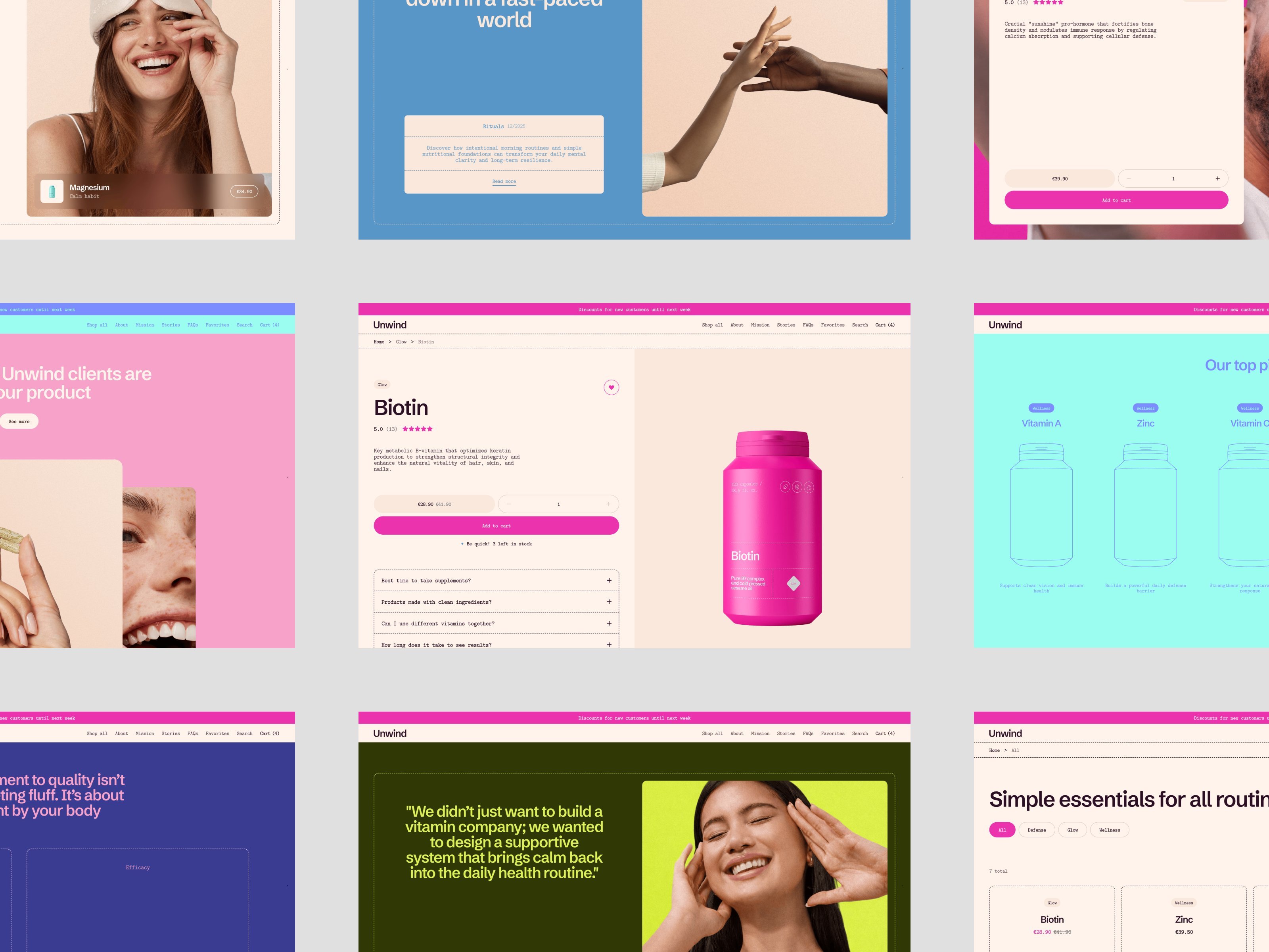 Multi-page collage of the Unwind supplement website template showing editorial photography, a Biotin product detail page, teal product category page, mission statement, and a founder quote on an olive green background